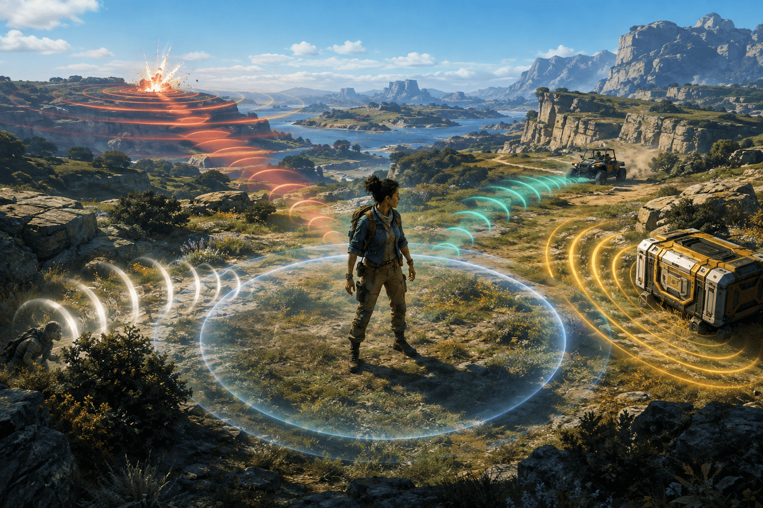 An original explorer stands within a circular awareness field as white footstep pulses