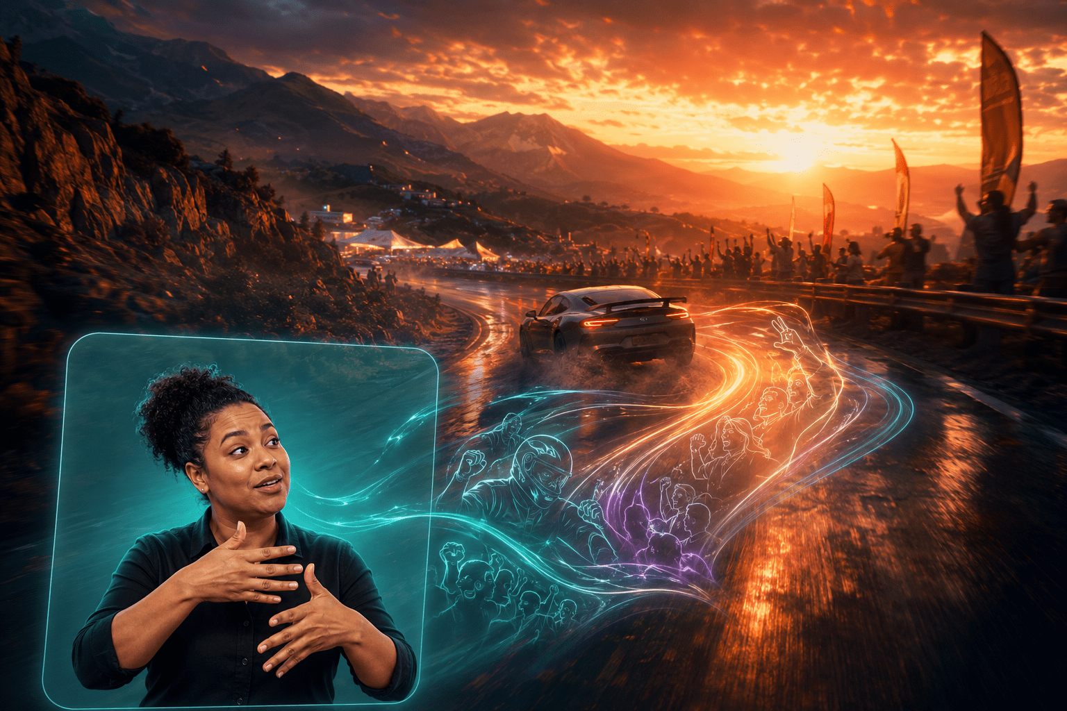 A Black sign-language interpreter appears in a clear inset beside a sunset racing scene