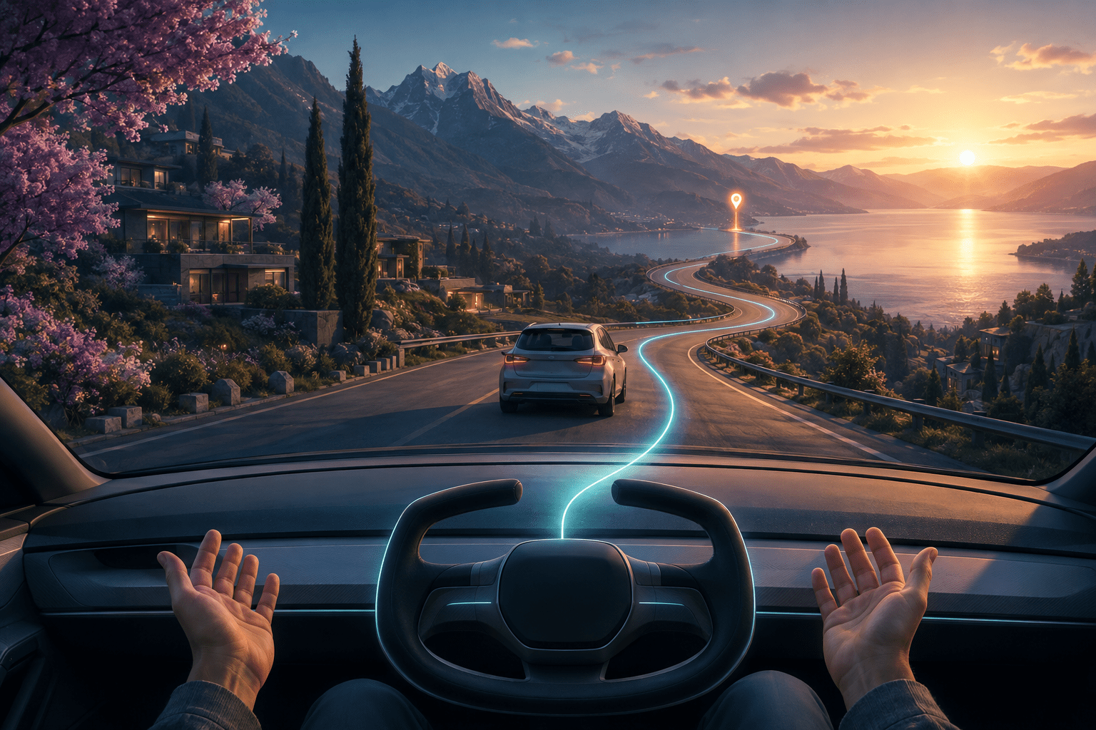 Open hands rest away from an unbranded steering control while a car follows a glowing route along a winding mountain road toward a distant destination marker.