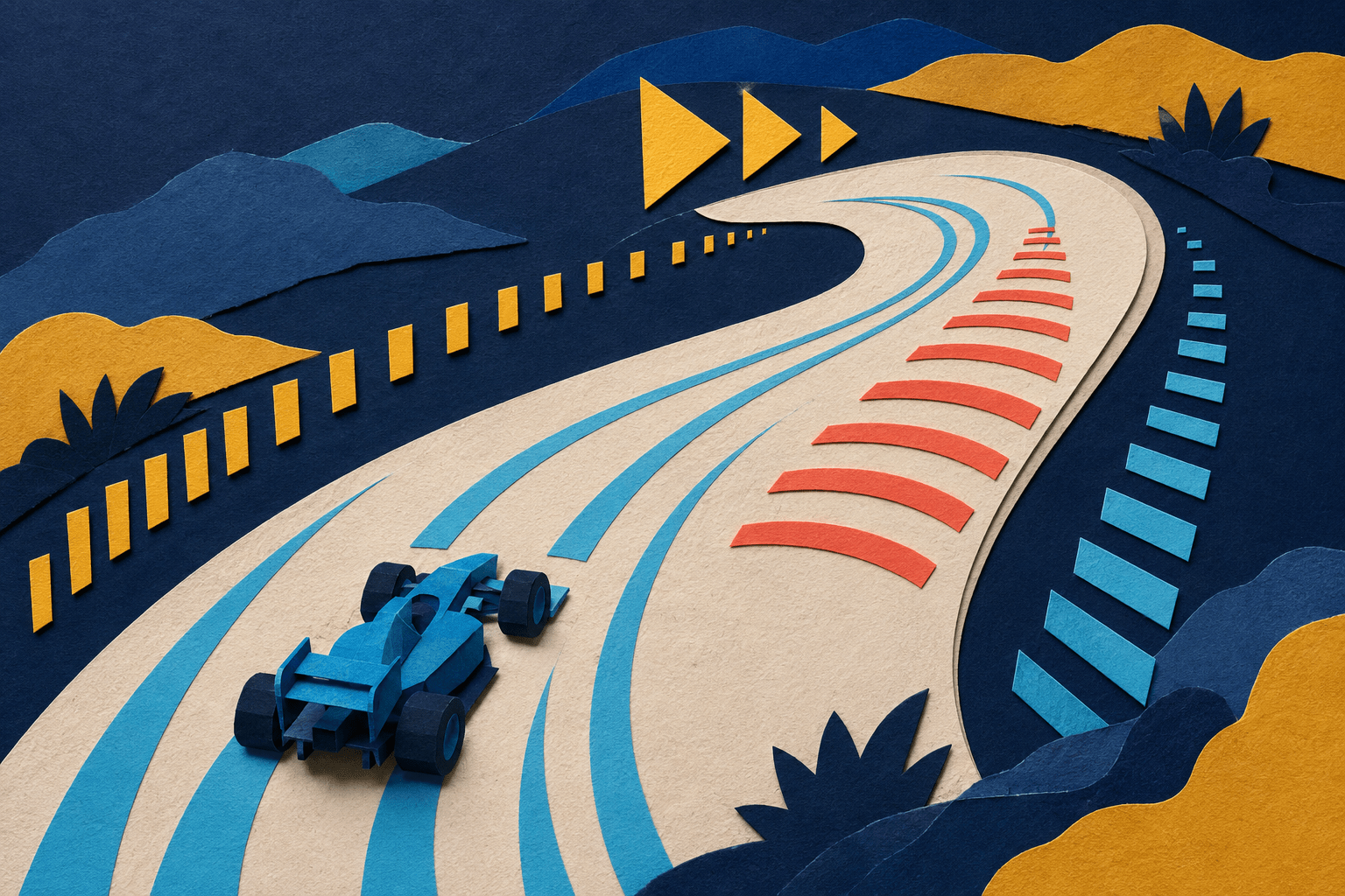 A racing car approaches a sweeping corner while layered steering paths, braking bands, countdown shapes, and track-edge markers communicate the route.