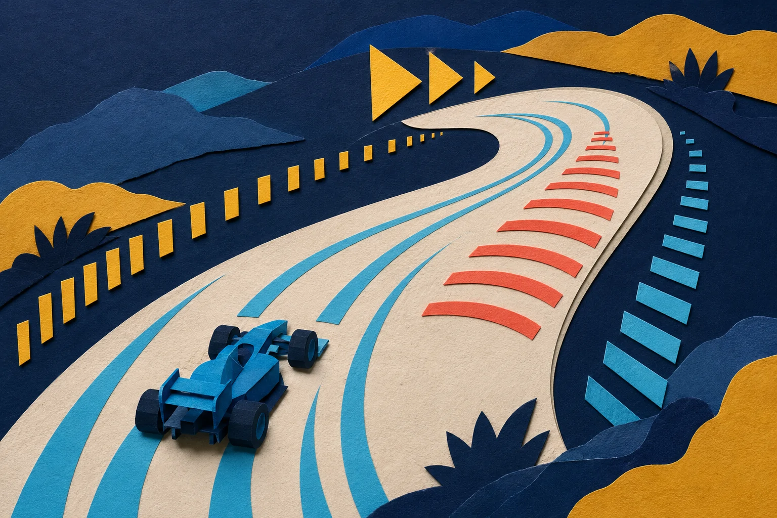 A racing car approaches a sweeping corner while layered steering paths, braking bands, countdown shapes, and track-edge markers communicate the route.