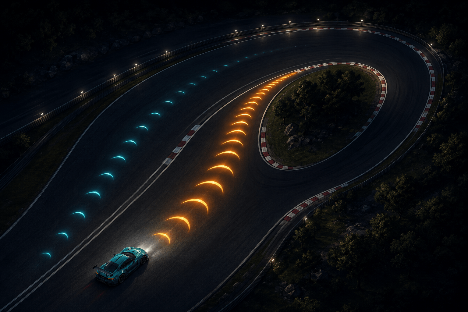 Overhead night view of a teal race car approaching a hairpin
