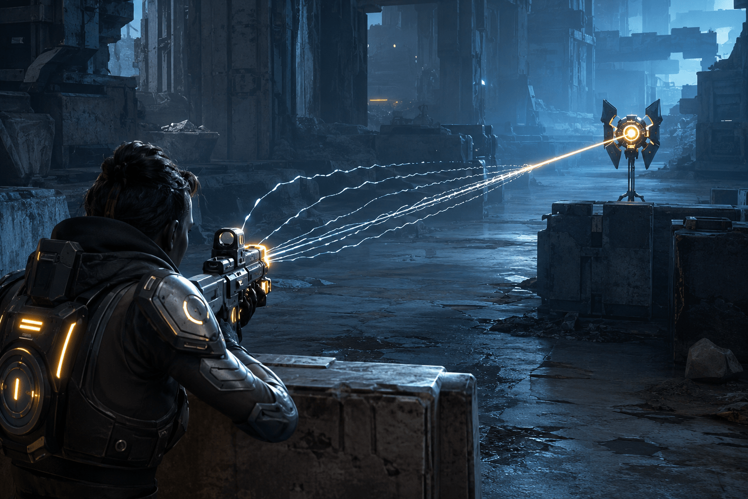 A player aims across a ruined battlefield as converging guidance lines pull the weapon’s targeting point toward a clearly illuminated enemy drone.
