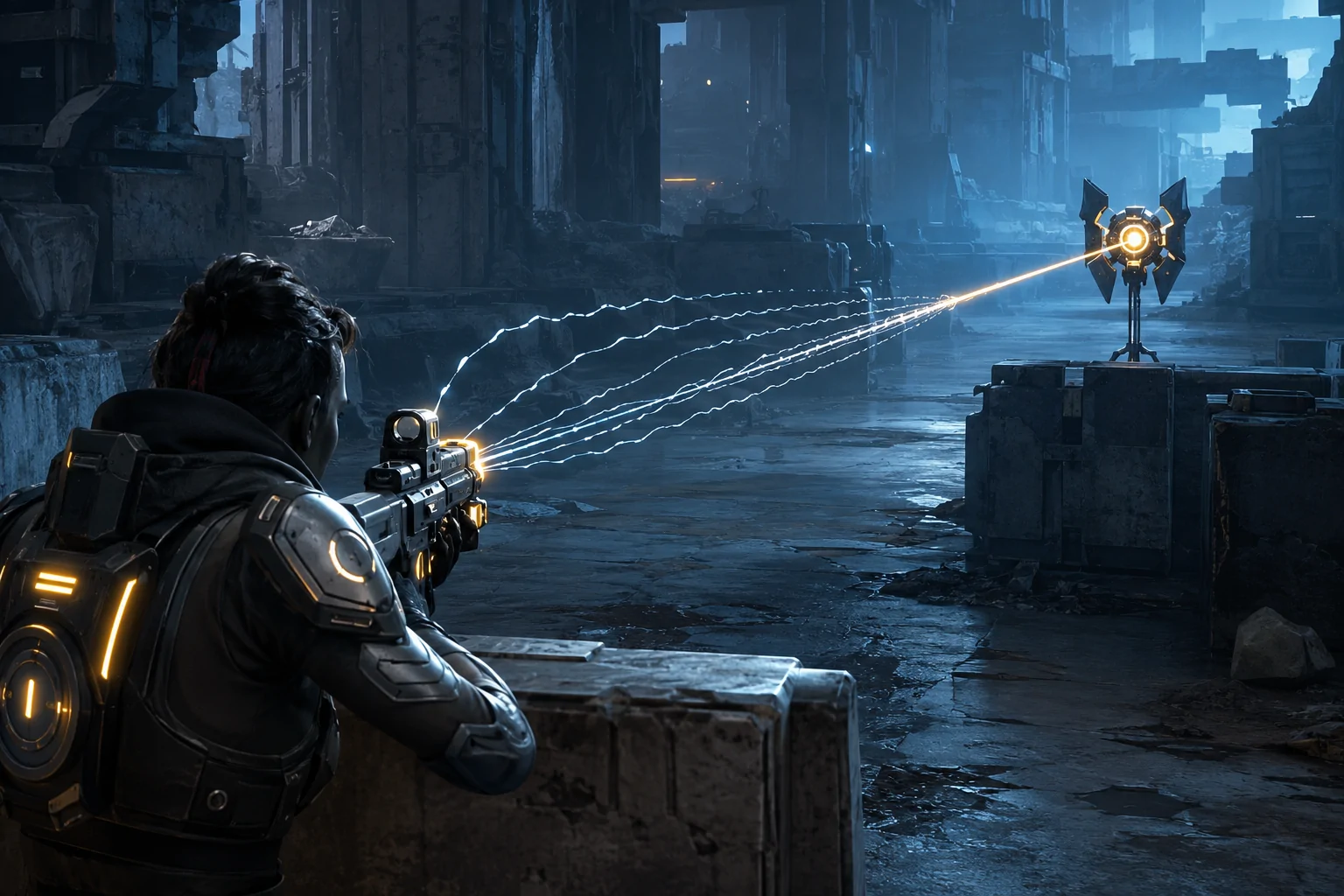 A player aims across a ruined battlefield as converging guidance lines pull the weapon’s targeting point toward a clearly illuminated enemy drone.