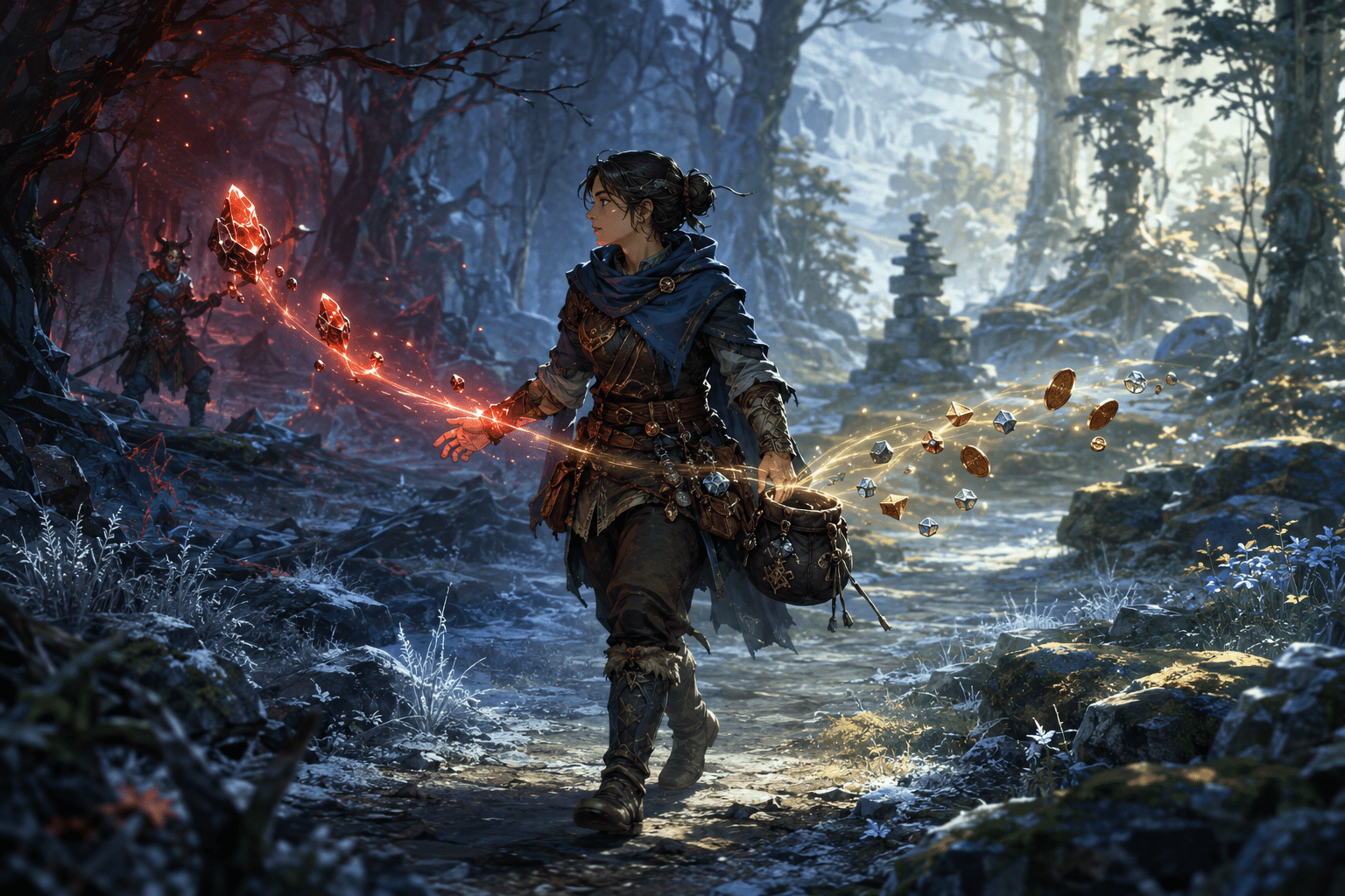 An adventurer walks between a red health pickup and golden loot as each resource rises automatically toward them along separate glowing paths.