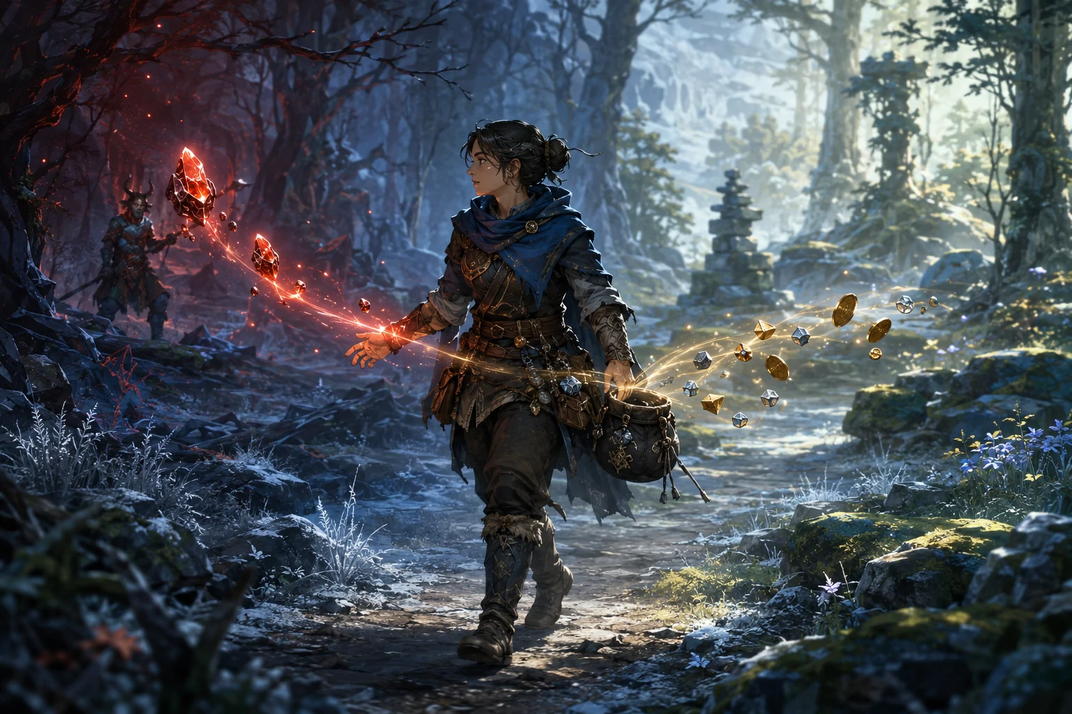 An adventurer walks between a red health pickup and golden loot as each resource rises automatically toward them along separate glowing paths.