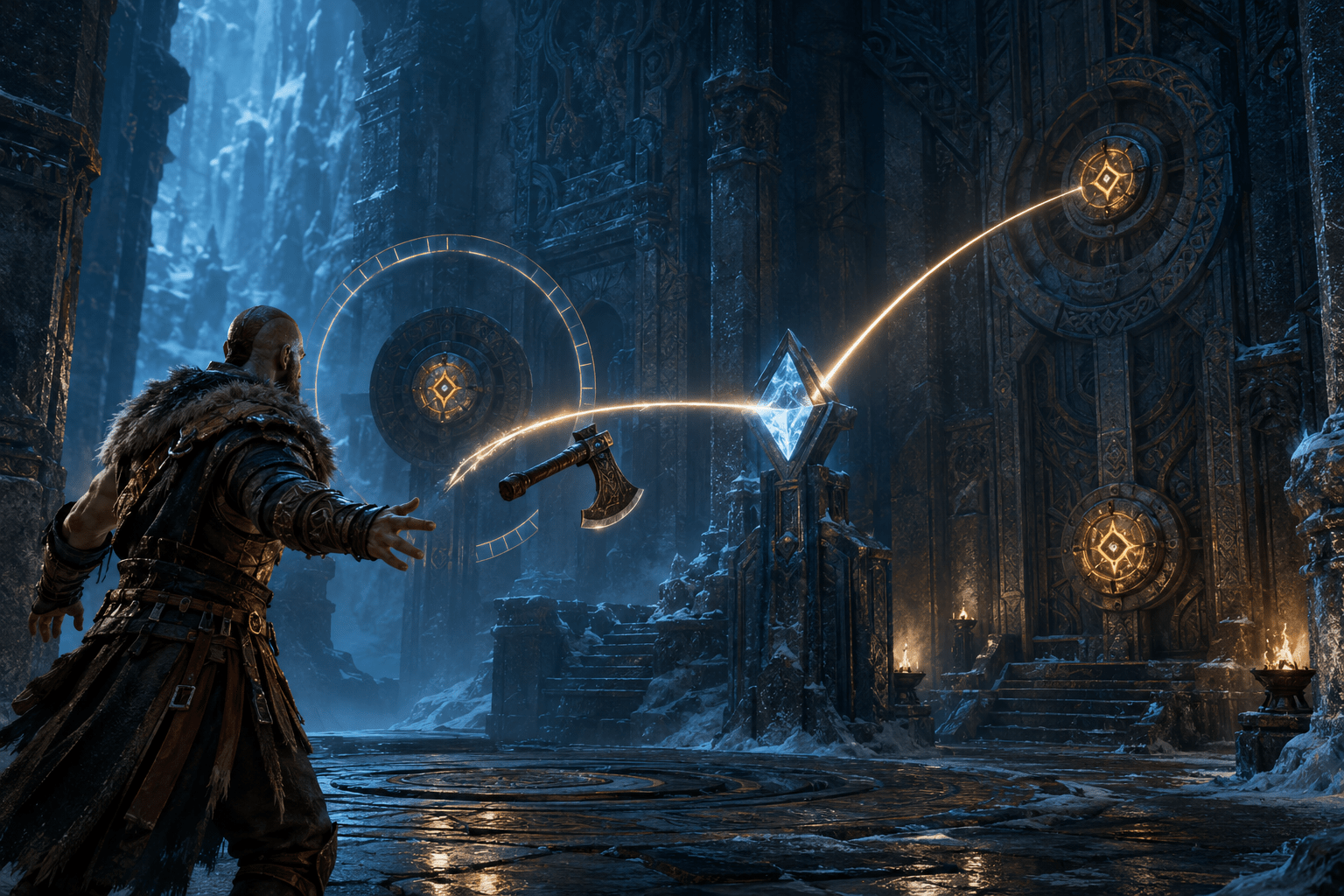 A warrior aims an axe through a luminous puzzle path while an extended timing ring, highlighted target, and reflected trajectory make the mechanism easier to interpret.