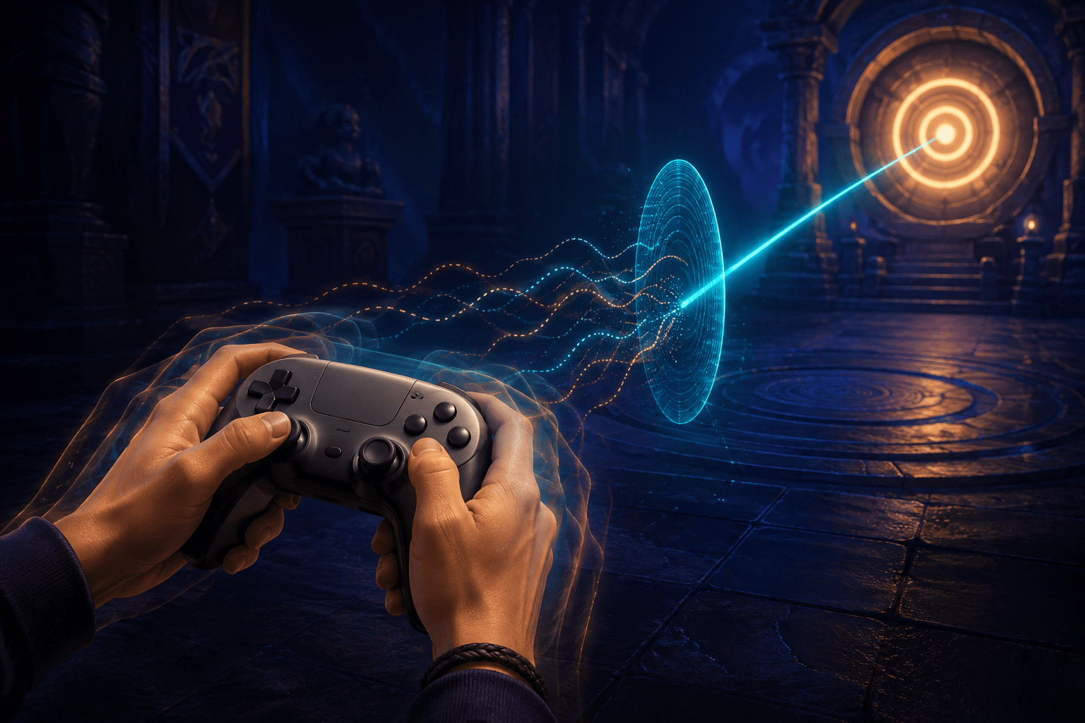 Hands tilt a controller toward a distant glowing target as several wavering motion trails pass through a blue filtering field and become one stable aiming line.