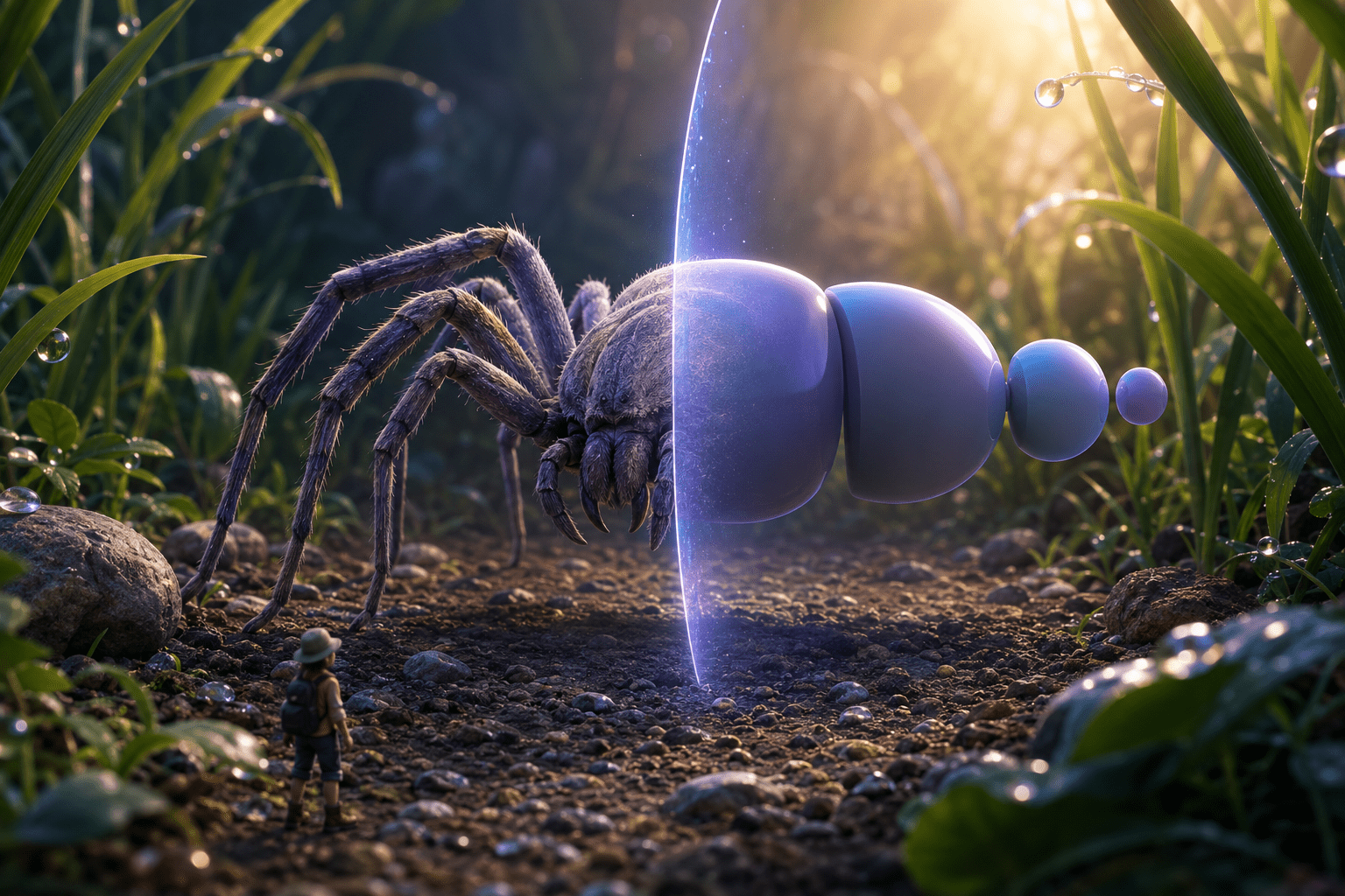 A giant spider-like garden creature crosses a glowing accessibility field and changes from a detailed many-legged form into smooth floating geometric shapes while remaining the same size and distance from a small explorer.