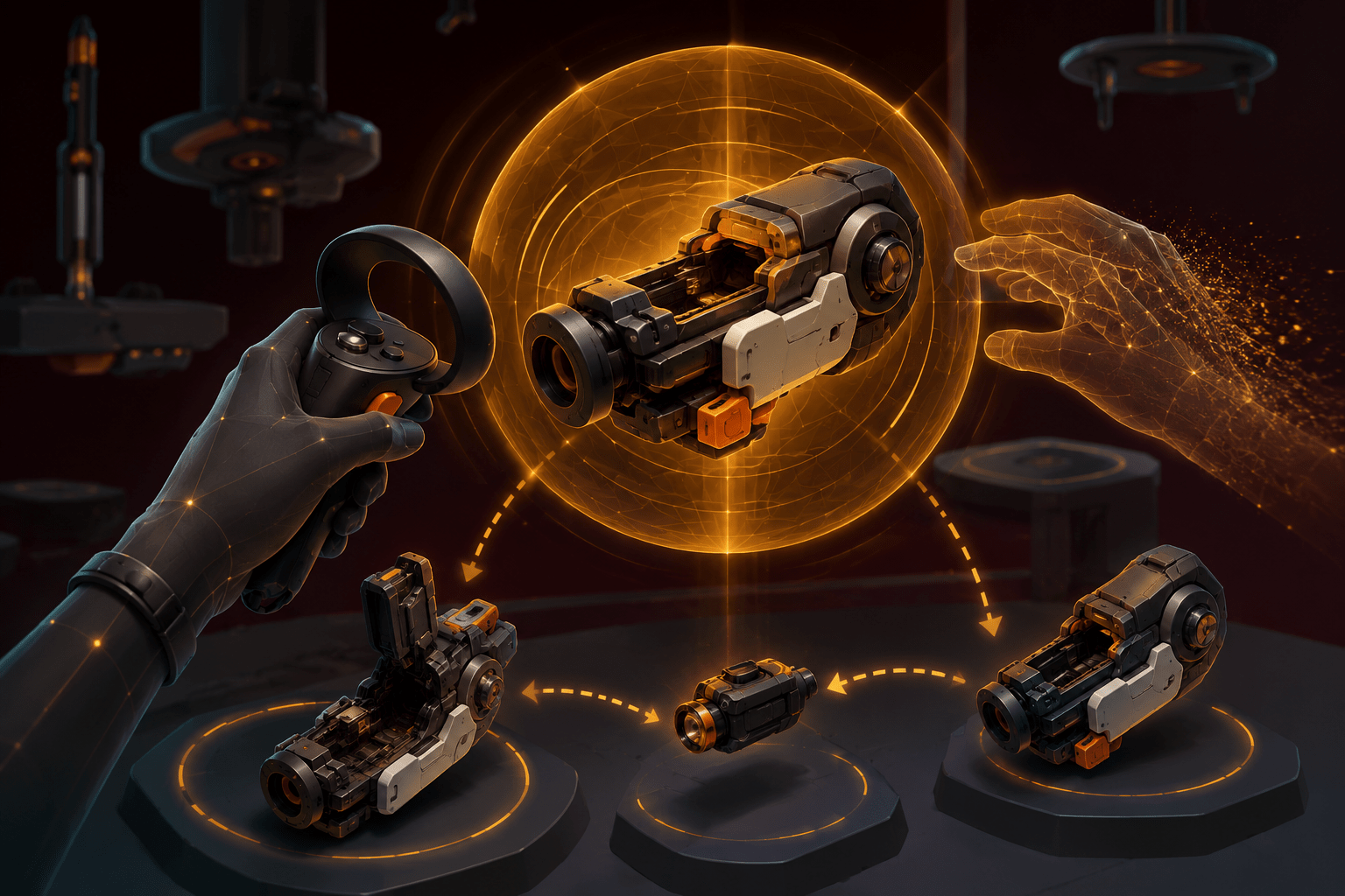 One tracked VR hand manipulates a fictional mechanical training device held inside an amber suspension field while a translucent second-hand position dissolves beside it.