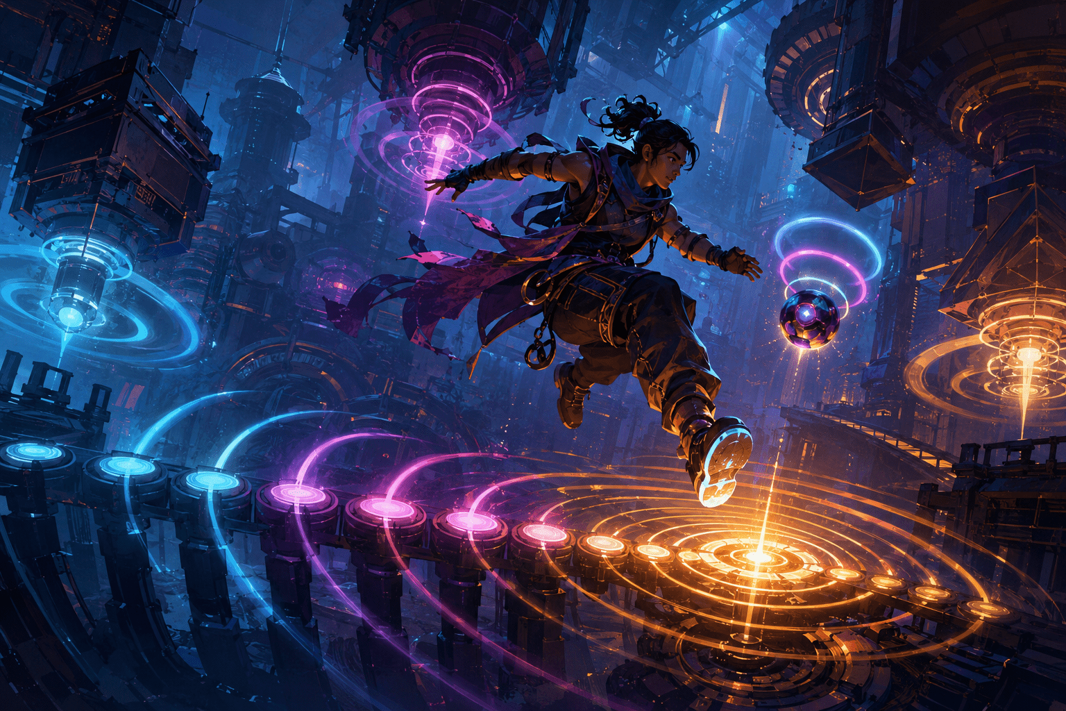 An original action hero crosses a mechanical space where synchronized machinery