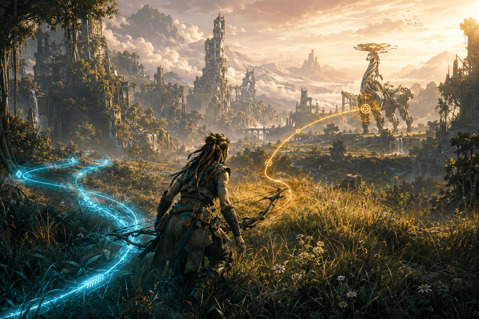 Two sets of hands operate separate controllers connected by a shared luminous path to one archer exploring a broad mechanical wilderness.