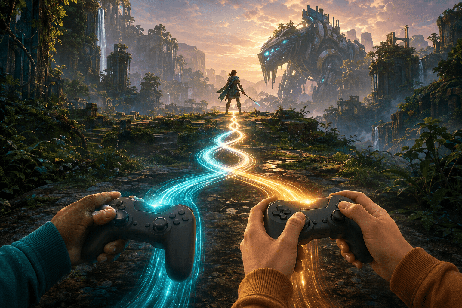 Two people hold separate controllers as cyan and gold input streams merge into one path leading to a single adventurer facing a mechanical creature in a distant wilderness.