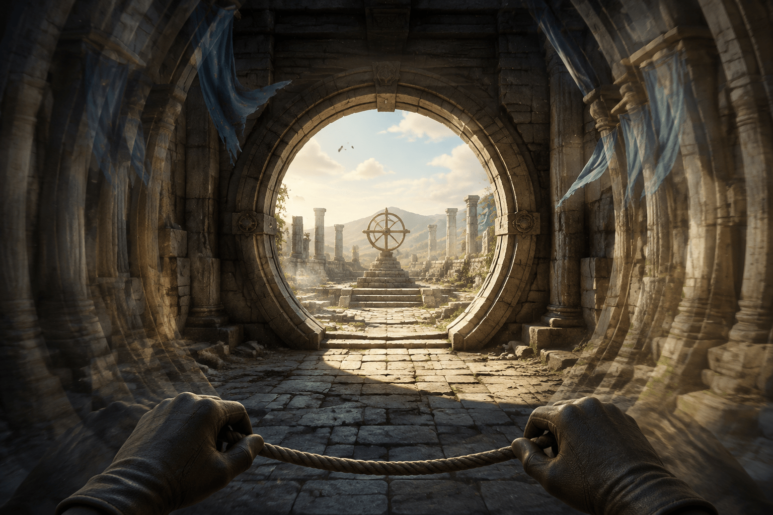 A first-person view through a circular stone doorway remains sharp and level at the centre while duplicate columns and fabric at the outer edges show reduced peripheral camera motion.