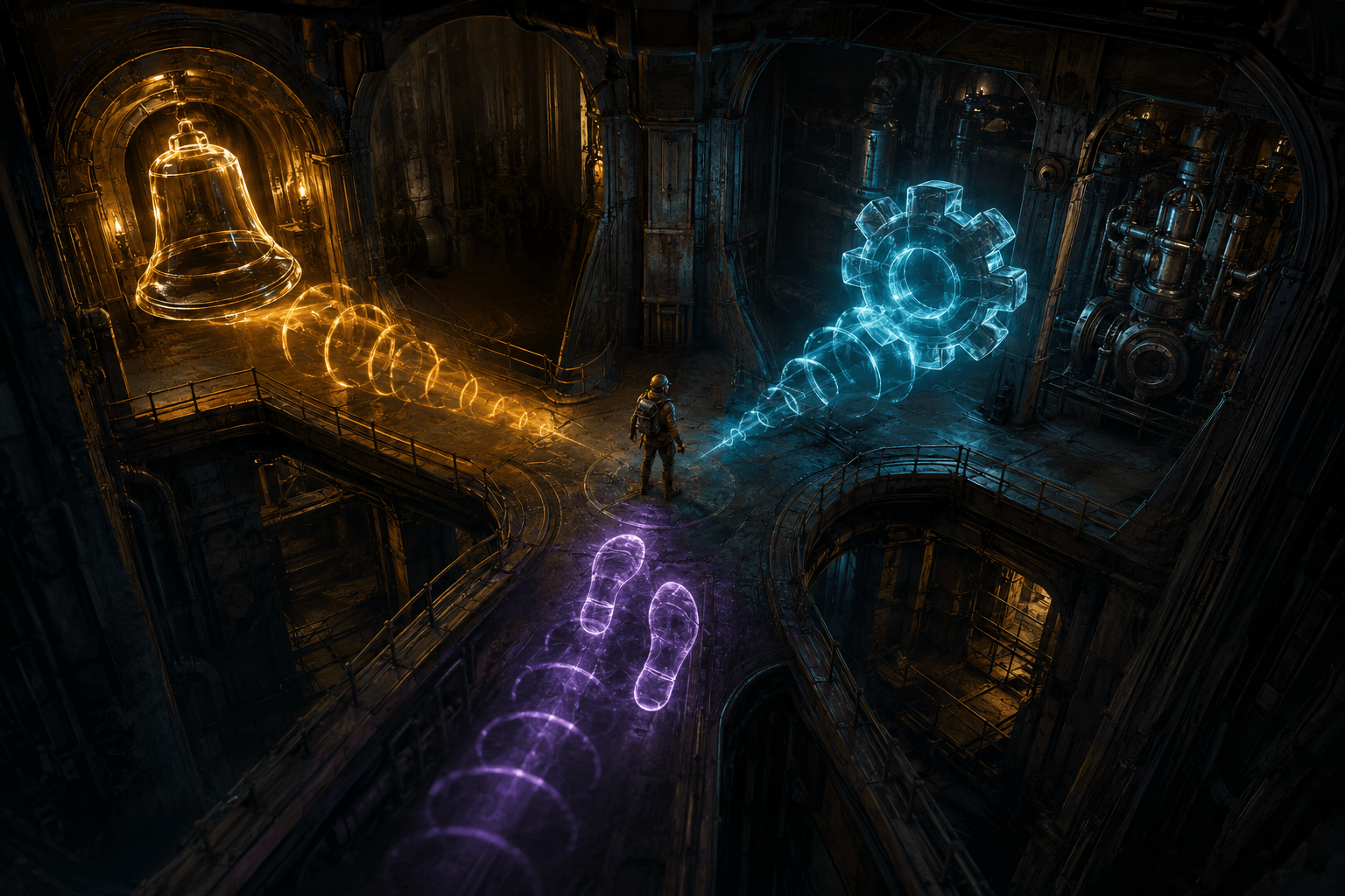 An explorer stands at the junction of three industrial corridors as waves from a bell