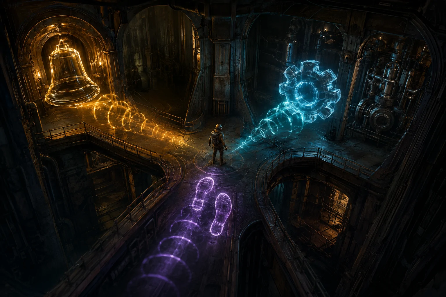 An explorer stands at the junction of three industrial corridors as waves from a bell