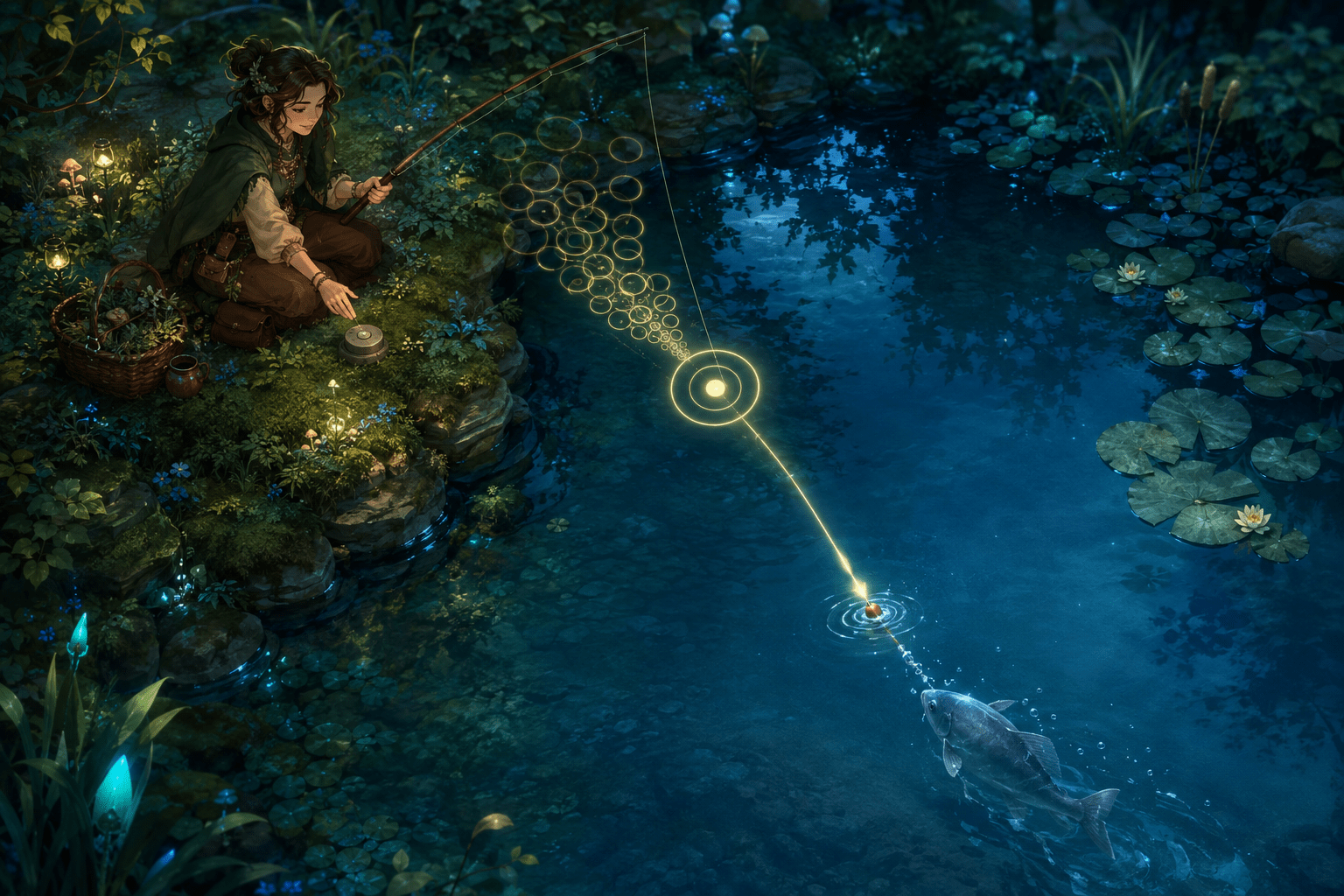 A forest herbalist fishes beside a moonlit pond as many small frantic input rings converge into one calm pulse travelling along the line toward a hooked fish.