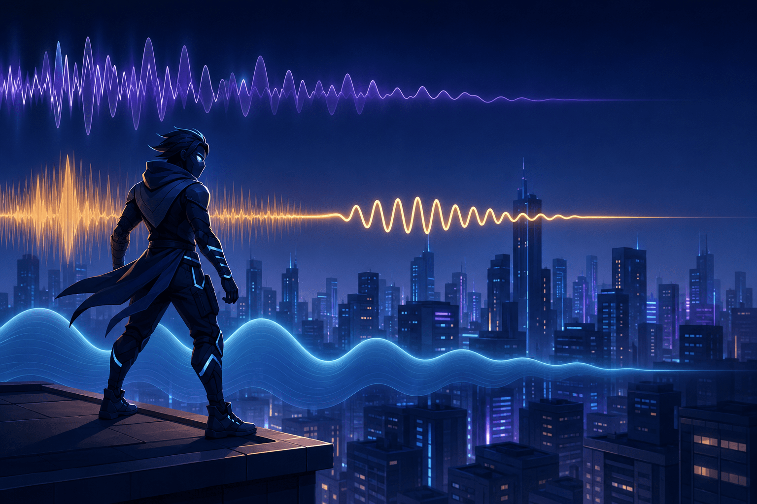 A masked city hero stands above a nighttime skyline while sharp violet and heavy blue sound waves soften around a clear amber central signal.