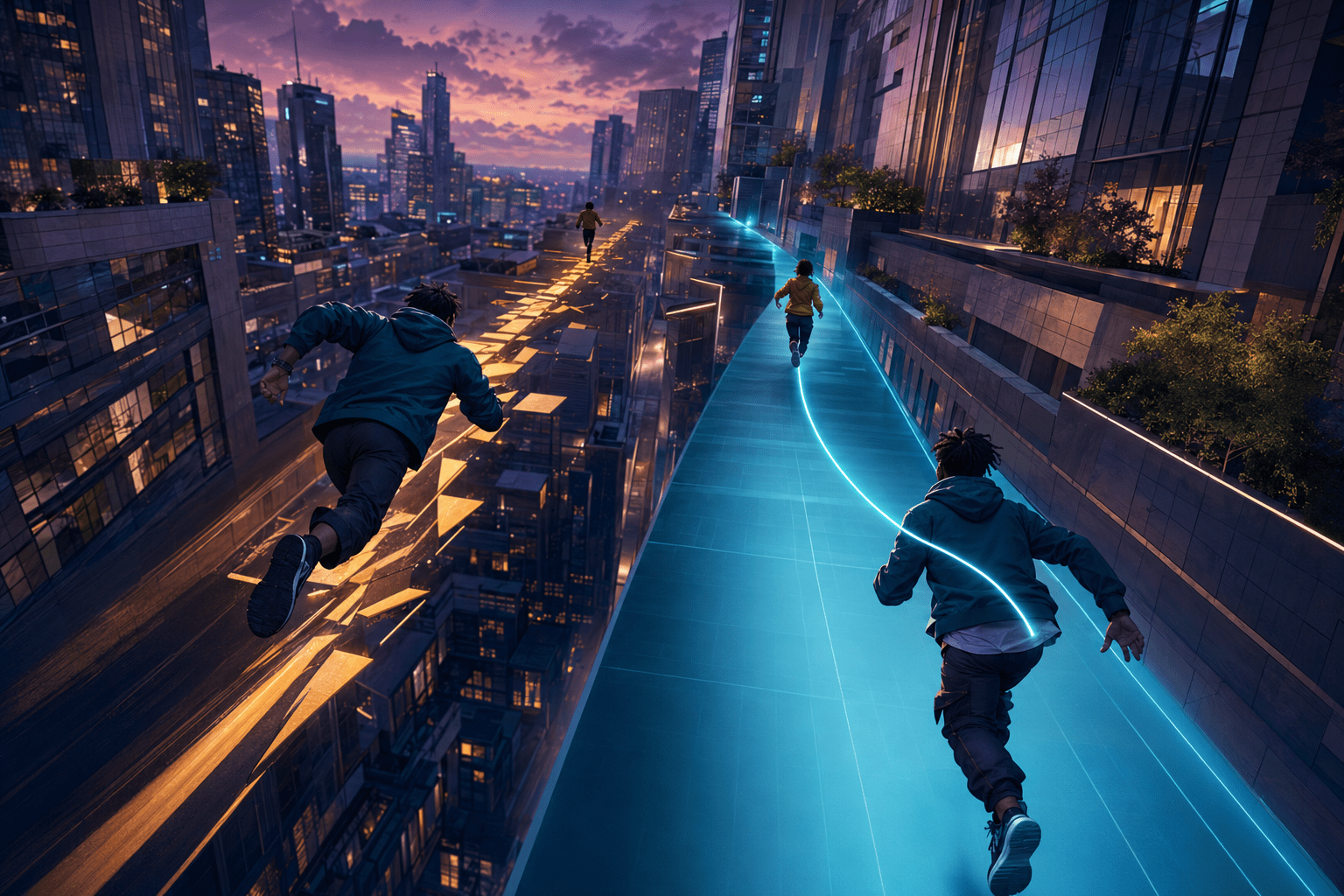 Two elevated city chase paths contrast a rapidly widening gap along a broken amber route with a closer pursuit guided by a broad cyan corridor and curved connection to the target.