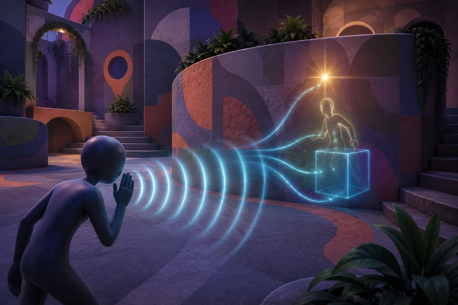 A sound ripple crosses a patterned hide-and-seek arena and reveals a camouflaged figure behind a curved wall through a glowing overhead light