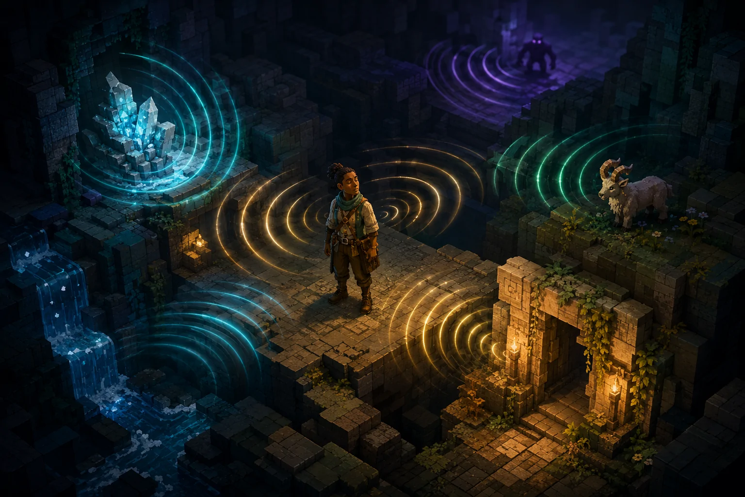 An explorer stands in a block-built cavern while coloured spatial sound rings radiate from ore