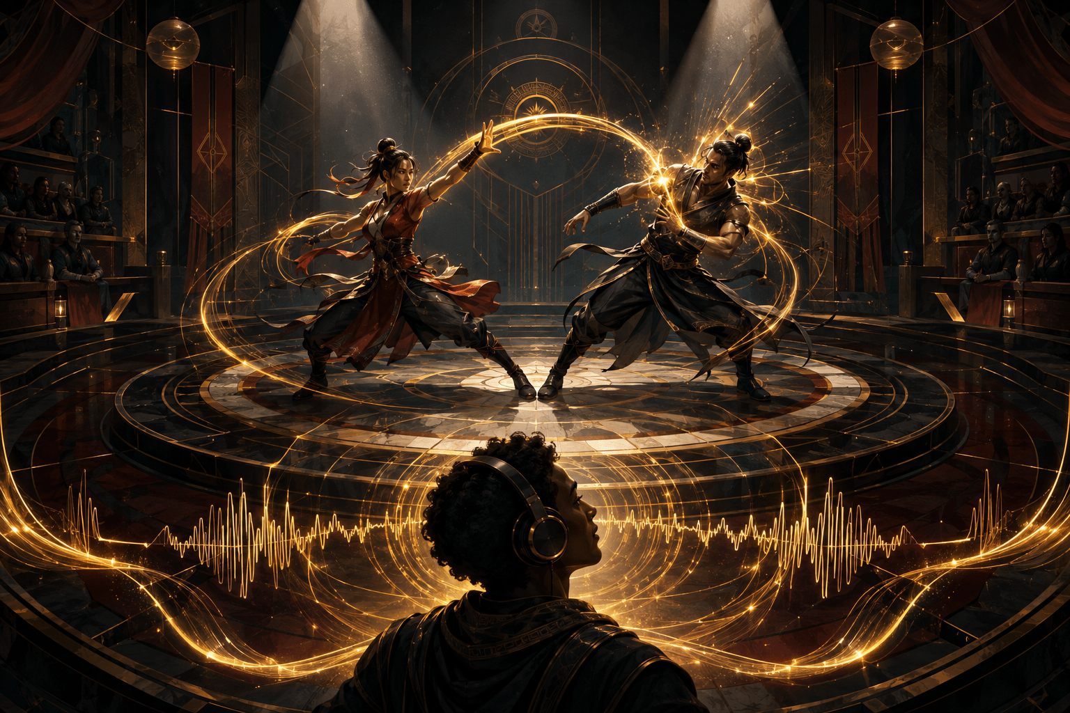 Two original martial artists hold a dramatic pose in a circular arena while a luminous golden path traces their movements and becomes an audio waveform around a listener wearing headphones.