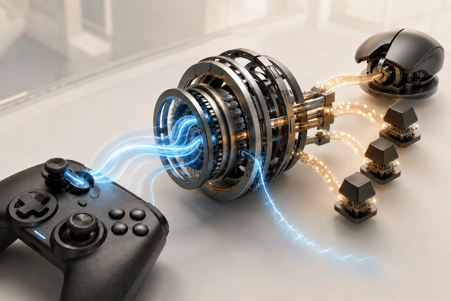 An unbranded controller sends blue analog signal streams through a mechanical translation hub