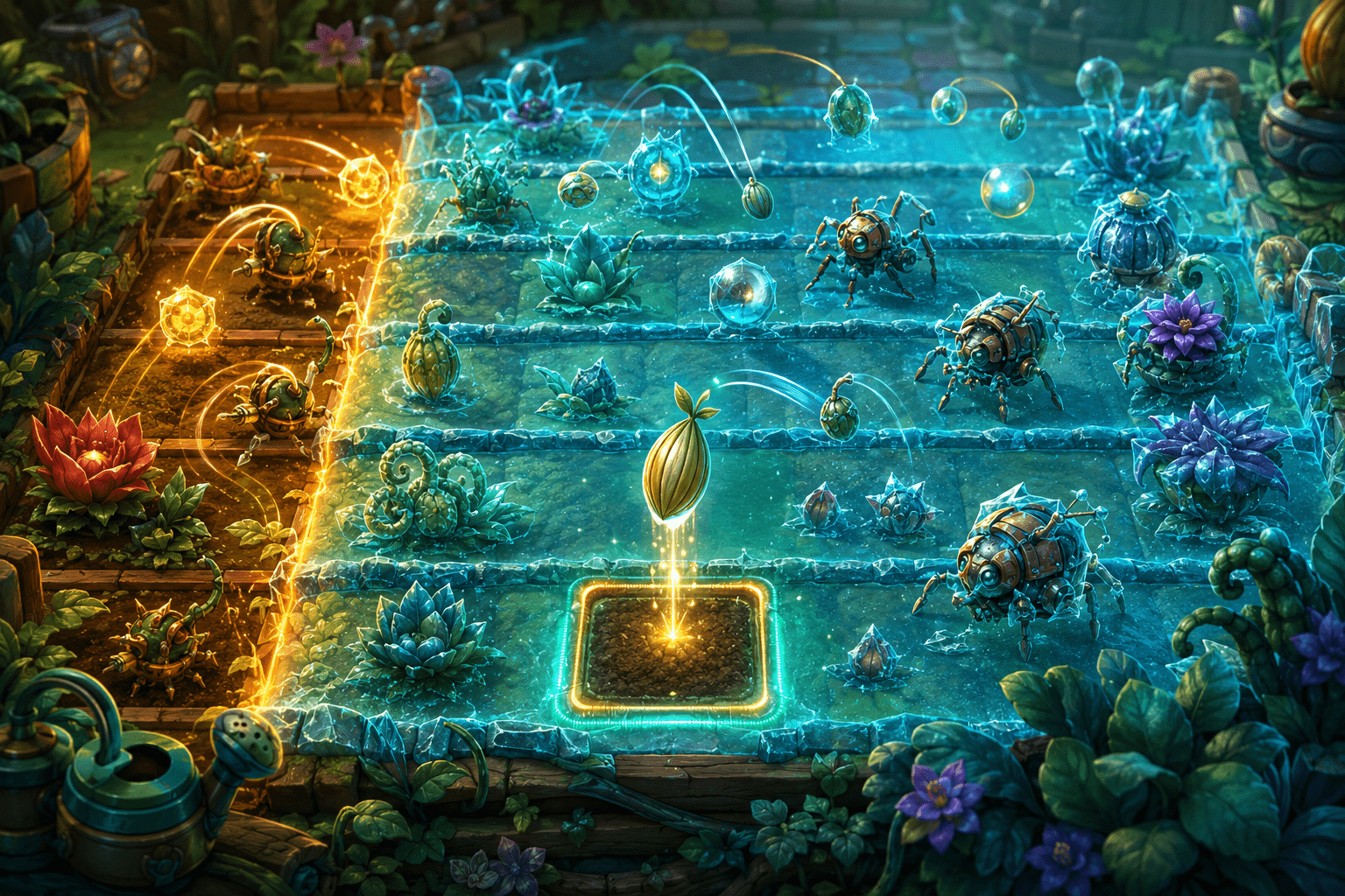 A botanical strategy board is covered by a translucent cyan frozen-time field that suspends mechanical pests