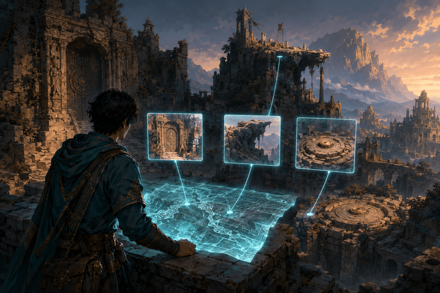 An explorer faces inaccessible platforms in a ruined city while a glowing snapshot of a blocked passage connects to its location on an unfolded map