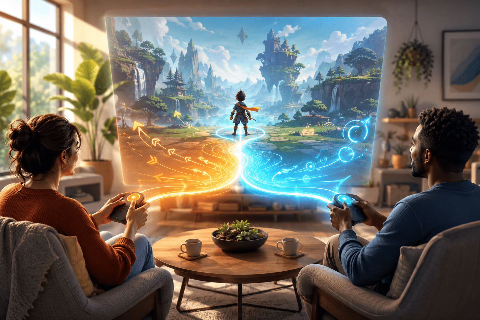Two original players use separate unbranded controllers as orange movement inputs and blue action inputs merge into one luminous path controlling a single adventure character.