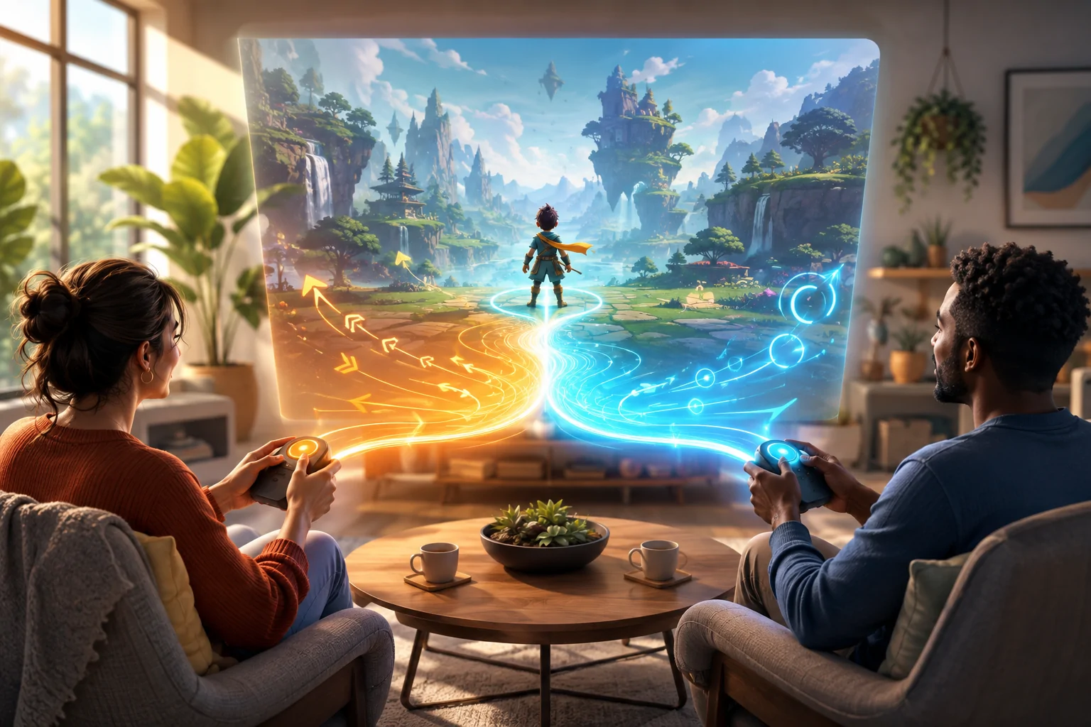 Two original players use separate unbranded controllers as orange movement inputs and blue action inputs merge into one luminous path controlling a single adventure character.