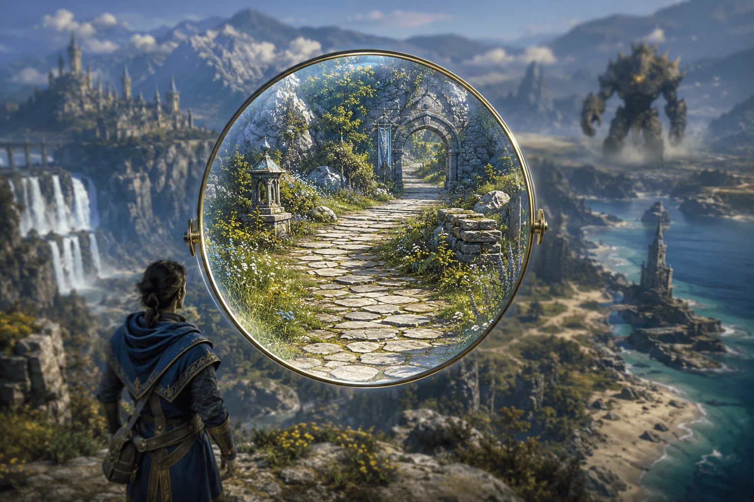 An original player views a fantasy landscape through a large circular magnification field that sharply enlarges a distant path and doorway while a peripheral creature remains small outside the focused area.