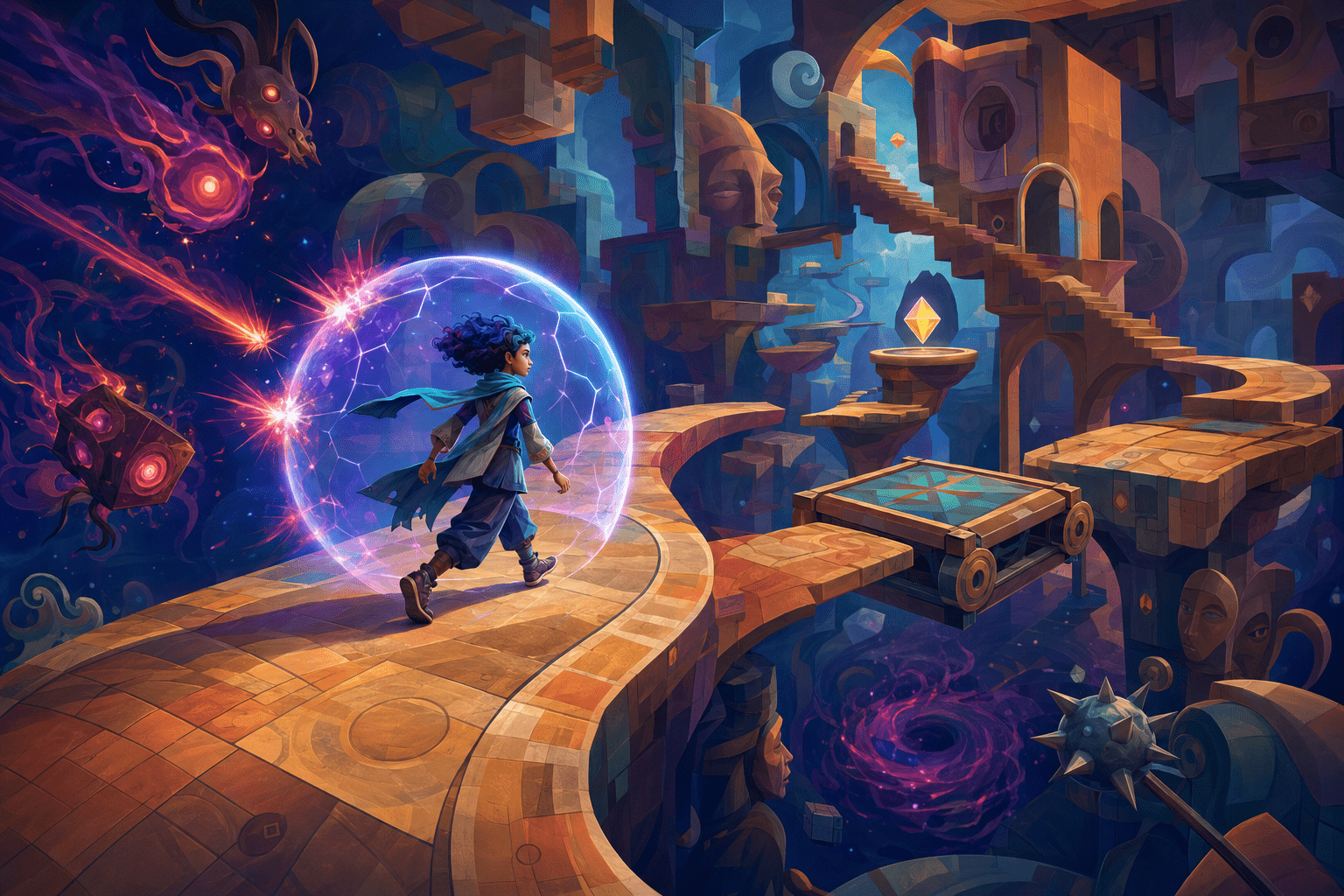 A young adventurer crosses floating platforms inside a glowing protective sphere as incoming energy attacks dissolve
