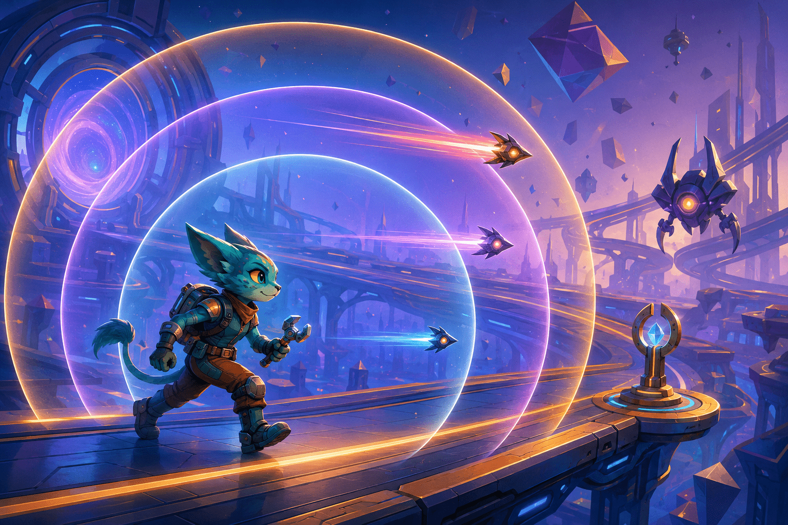 A teal alien space mechanic crosses a futuristic platform while three concentric fields slow incoming projectiles and hazards by progressively greater amounts.