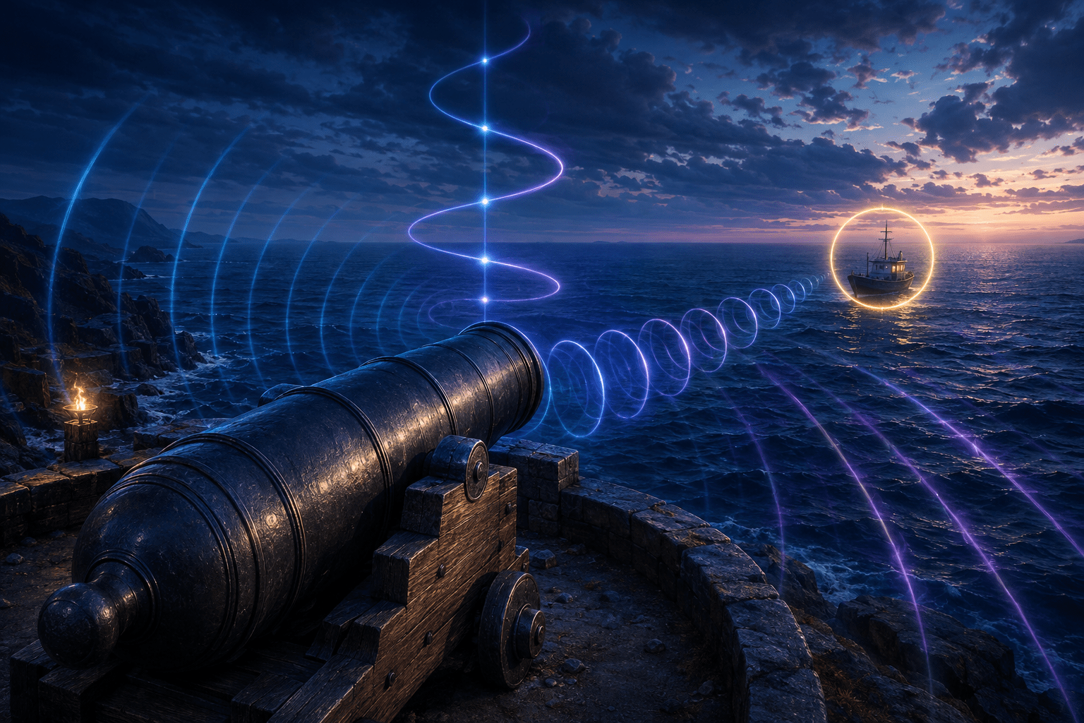 An unbranded coastal cannon points toward a visible vessel while blue and violet sound waves tighten toward alignment
