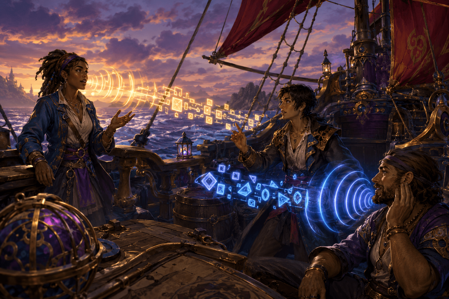 Three sailors on an original fantasy ship communicate as golden voice waves become luminous visual symbols and blue input symbols become audible rings around a listening crewmate.