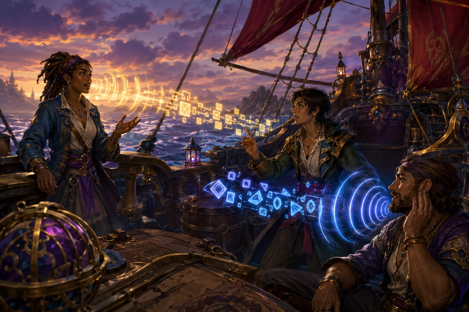 Three sailors on an original fantasy ship communicate as golden voice waves become luminous visual symbols and blue input symbols become audible rings around a listening crewmate.