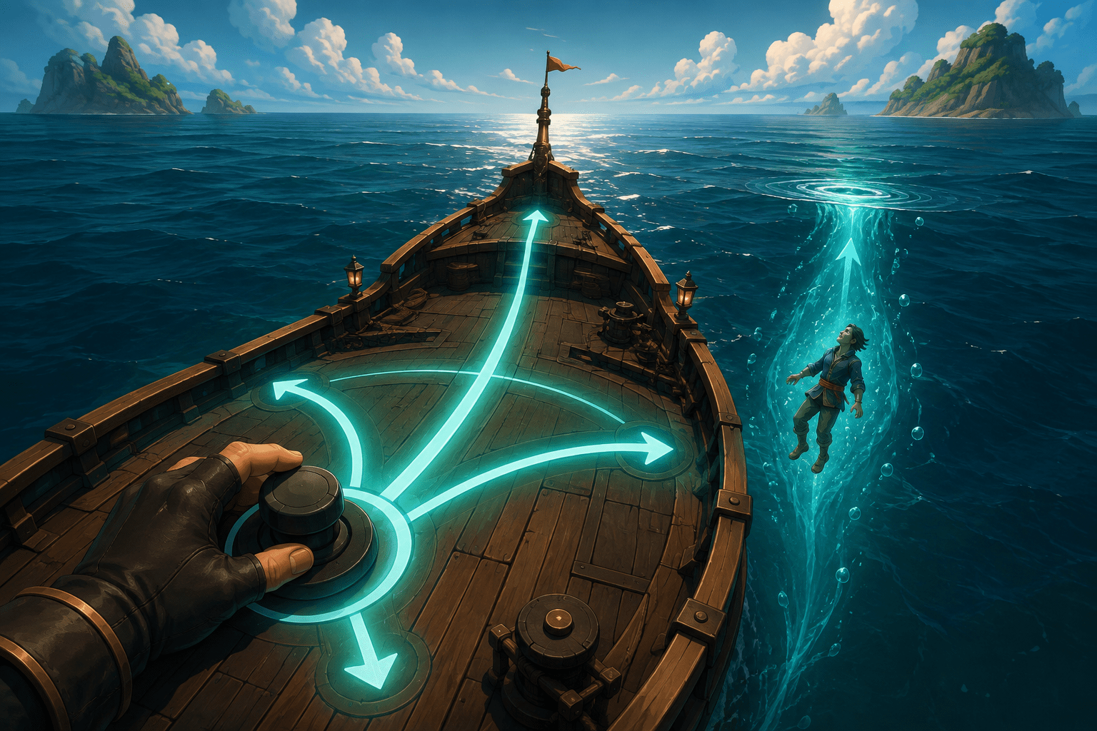 A single analogue stick sends branching directional paths across a ship’s deck and toward a swimmer in the water