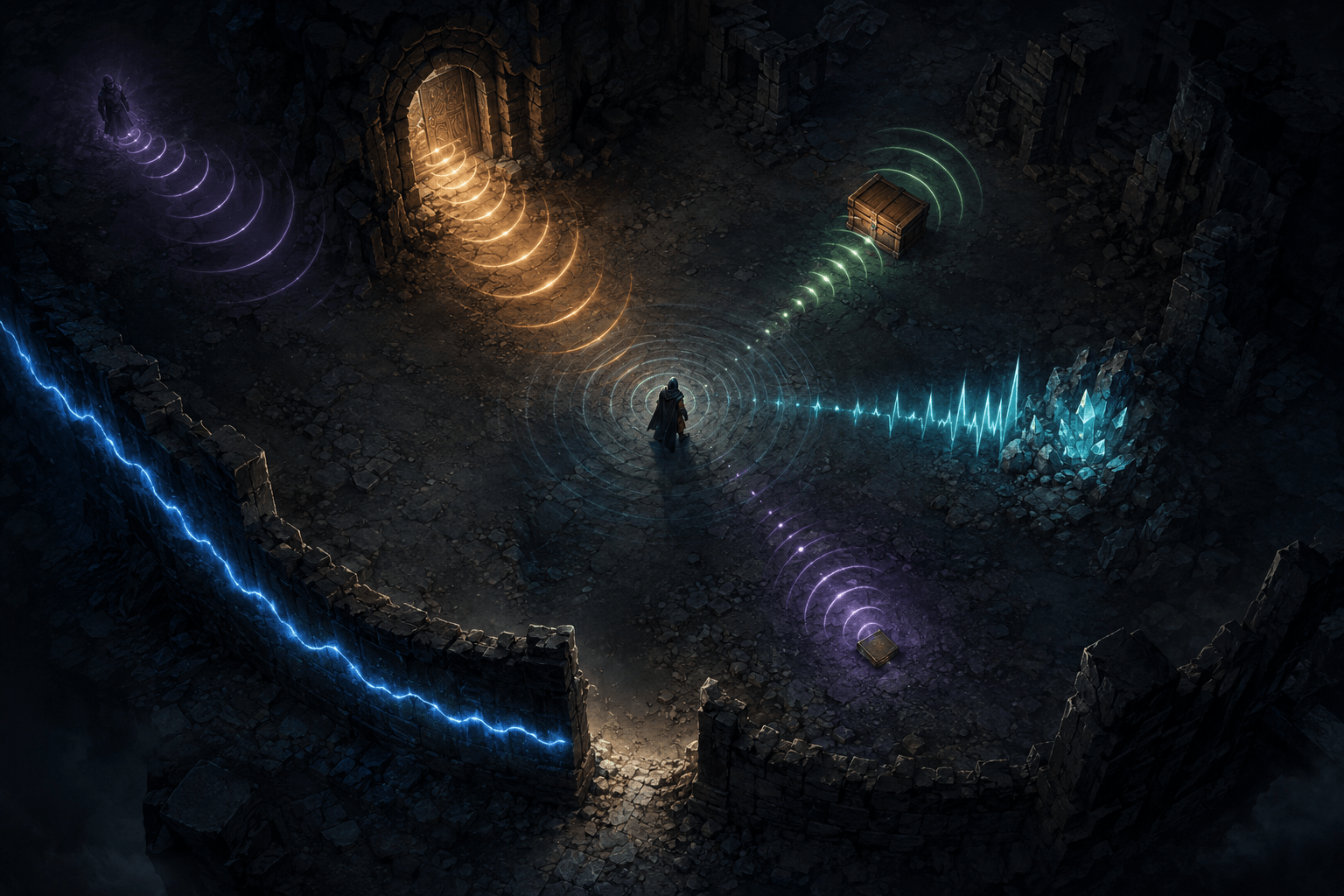 A cloaked traveller stands in a dark stone ruin while differently coloured sound waves extend from a door