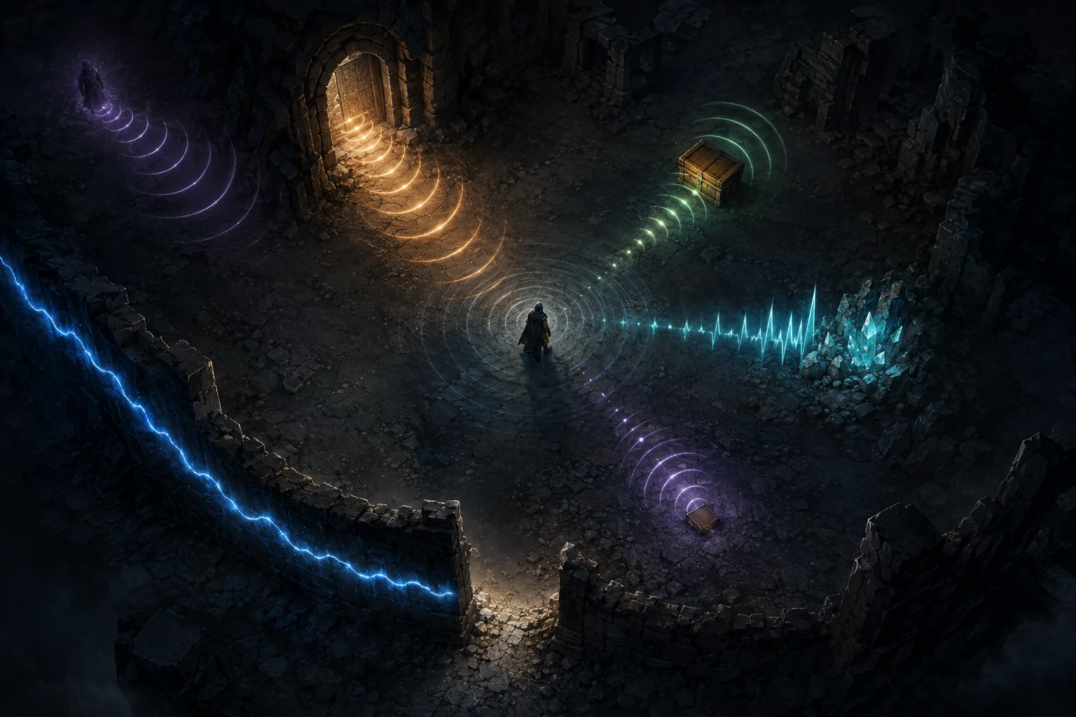 A cloaked traveller stands in a dark stone ruin while differently coloured sound waves extend from a door