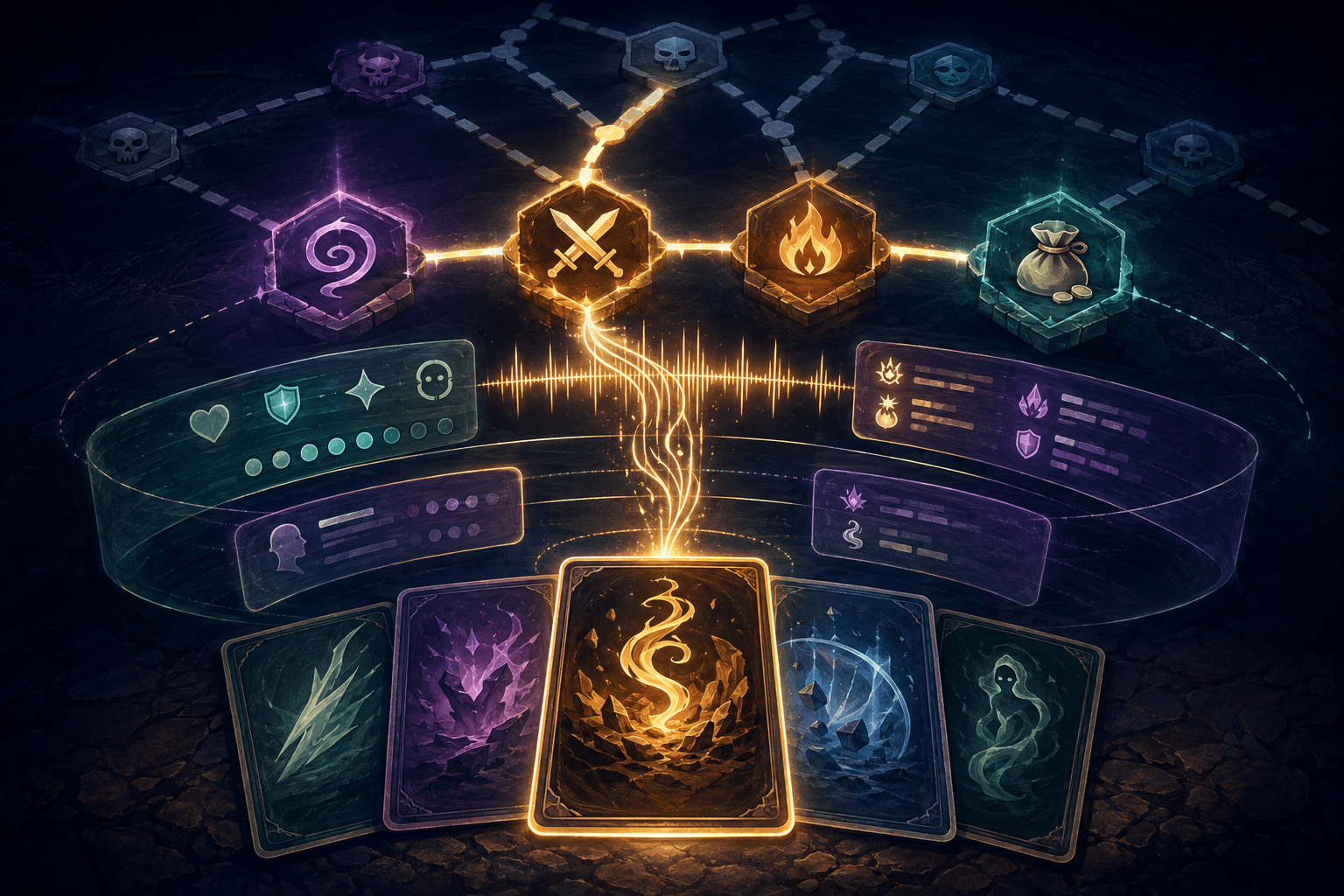 A fan of abstract fantasy cards feeds glowing sound waves into a branching network of combat