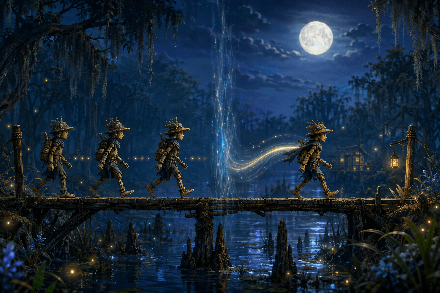 A handcrafted traveler crosses a moonlit wetland bridge