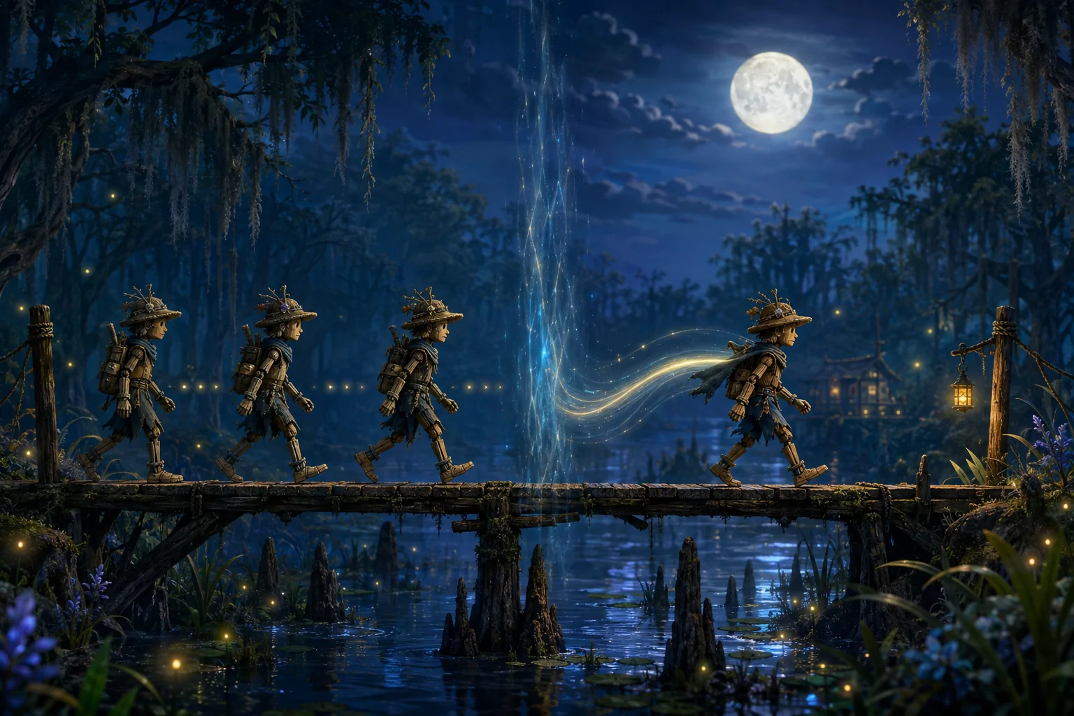 A handcrafted traveler crosses a moonlit wetland bridge