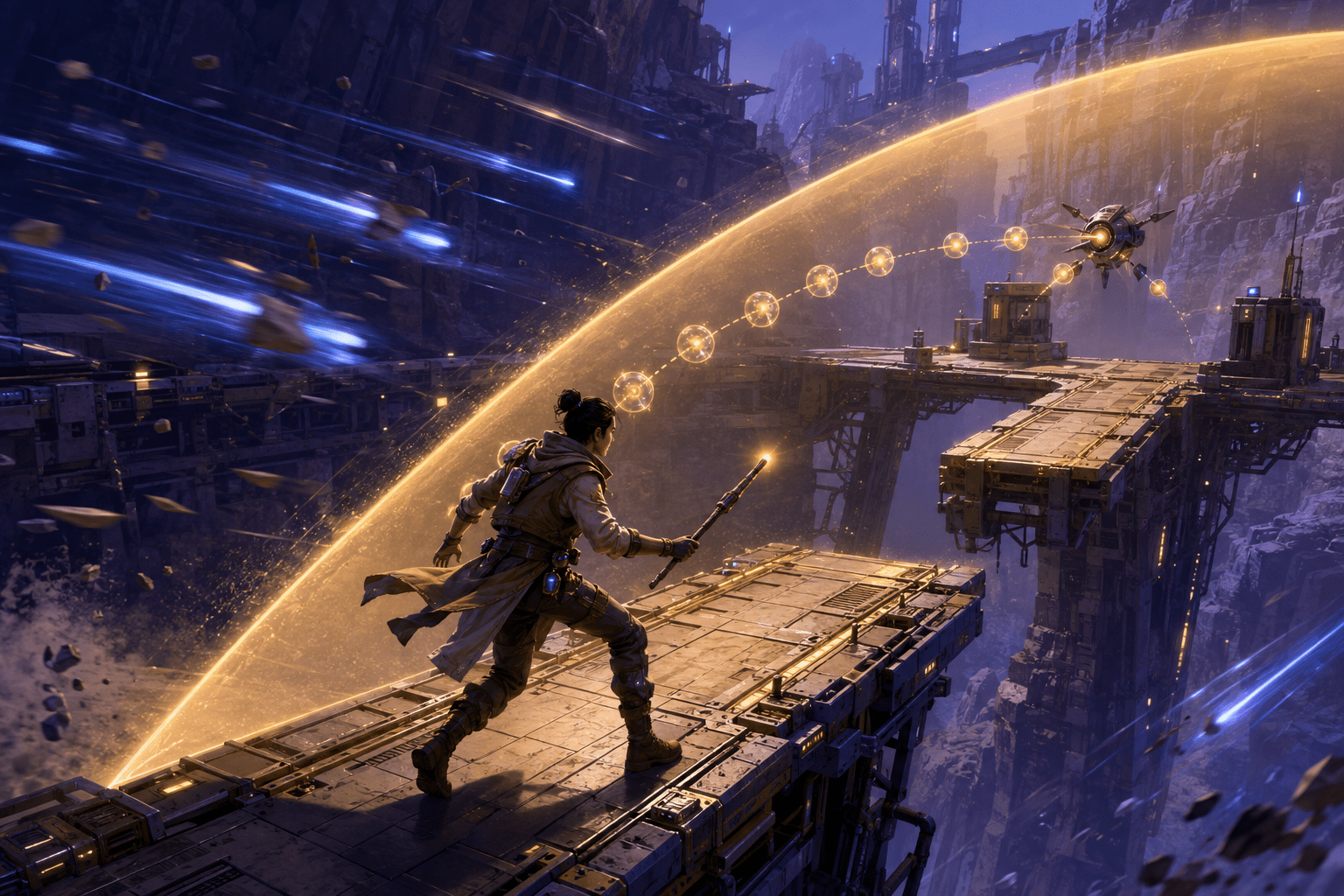 A space traveler crosses elevated platforms inside a curved amber time-dilation field