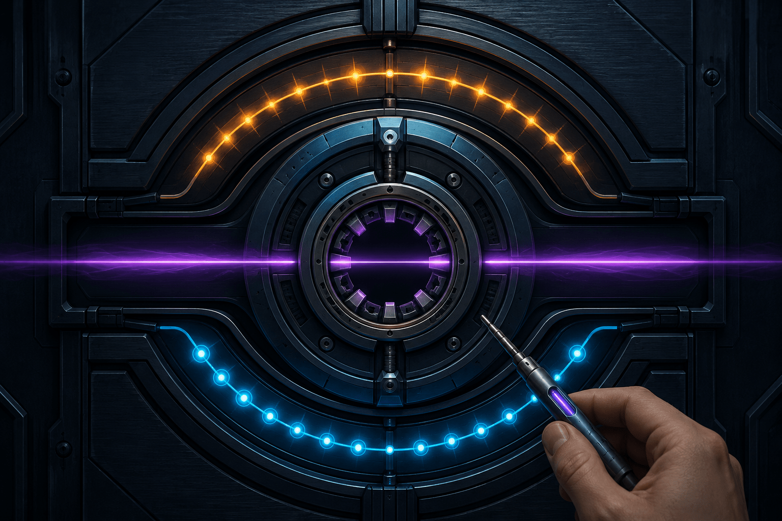 Circular science-fiction lock surrounded by matching amber and cyan timing nodes
