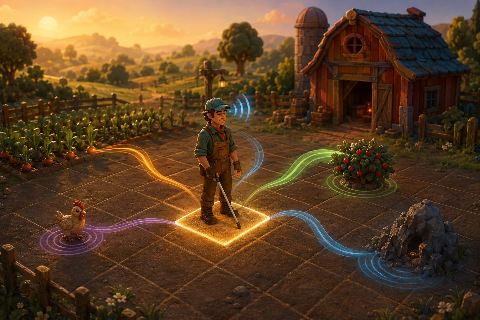 A farmer with a white cane stands on a glowing square tile while colored sound paths connect them to crops