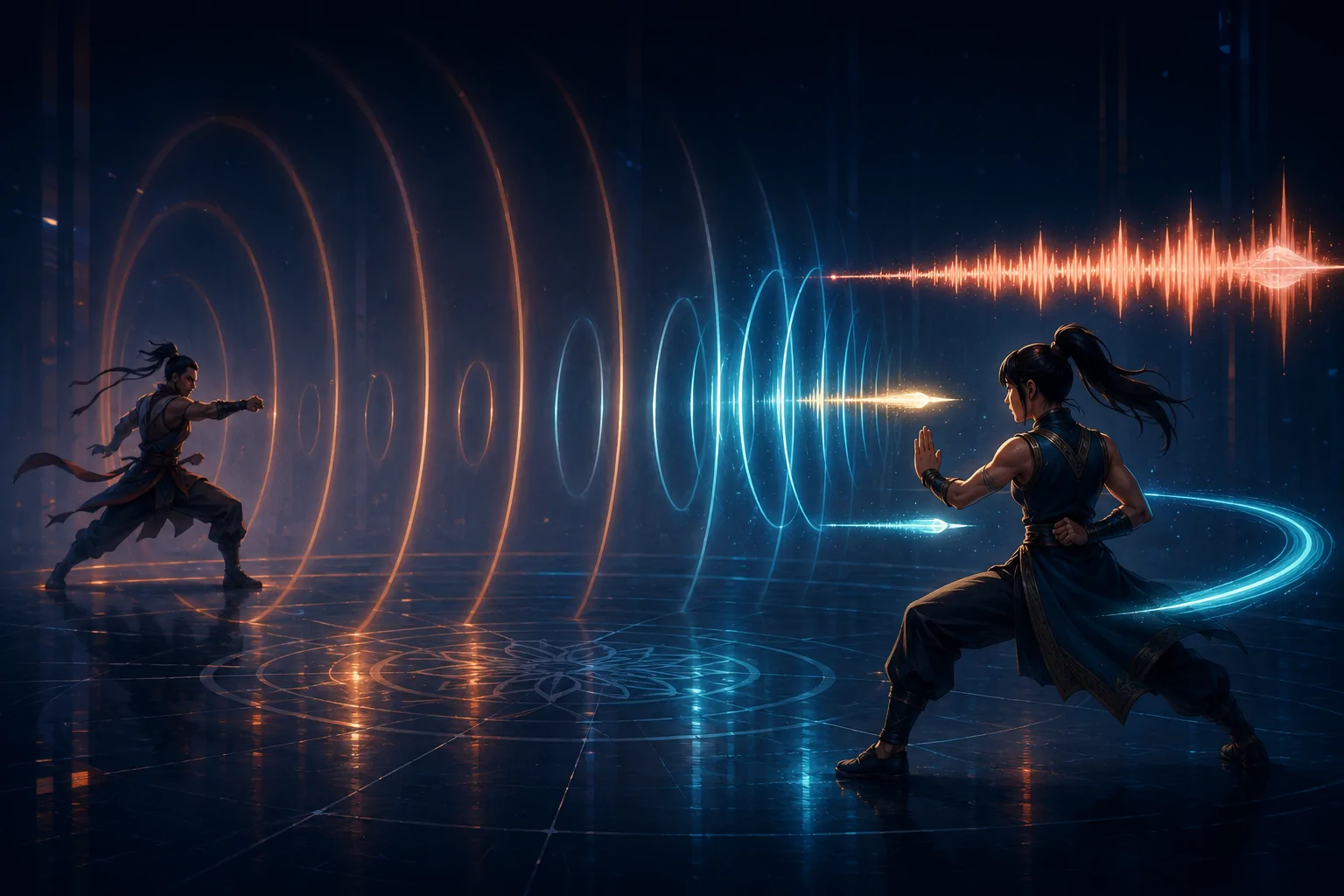Two original martial artists face each other across an abstract arena as changing rings convey opponent distance