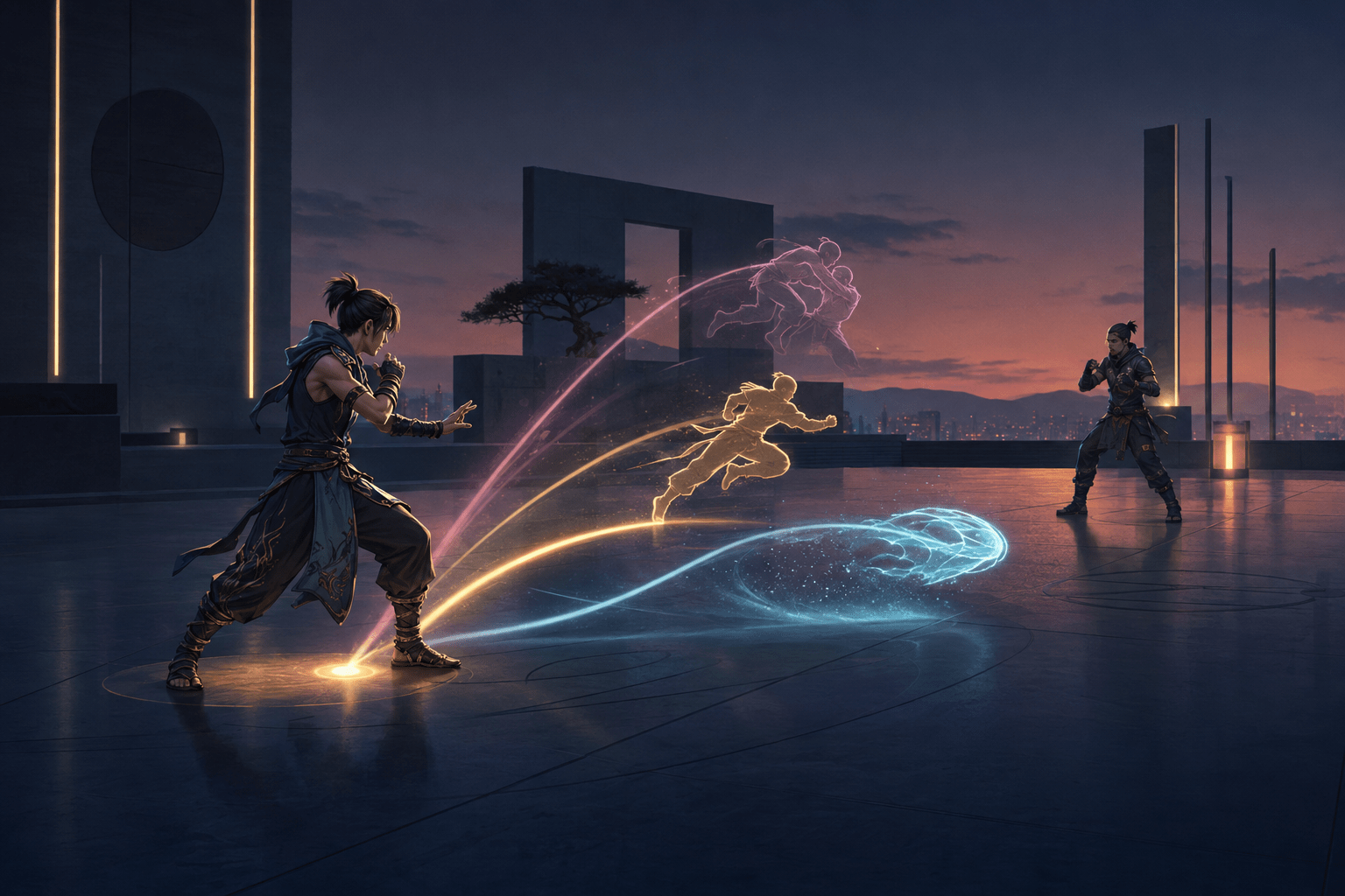 An original martial artist faces an opponent across a dark training floor as one glowing input branches into faint close