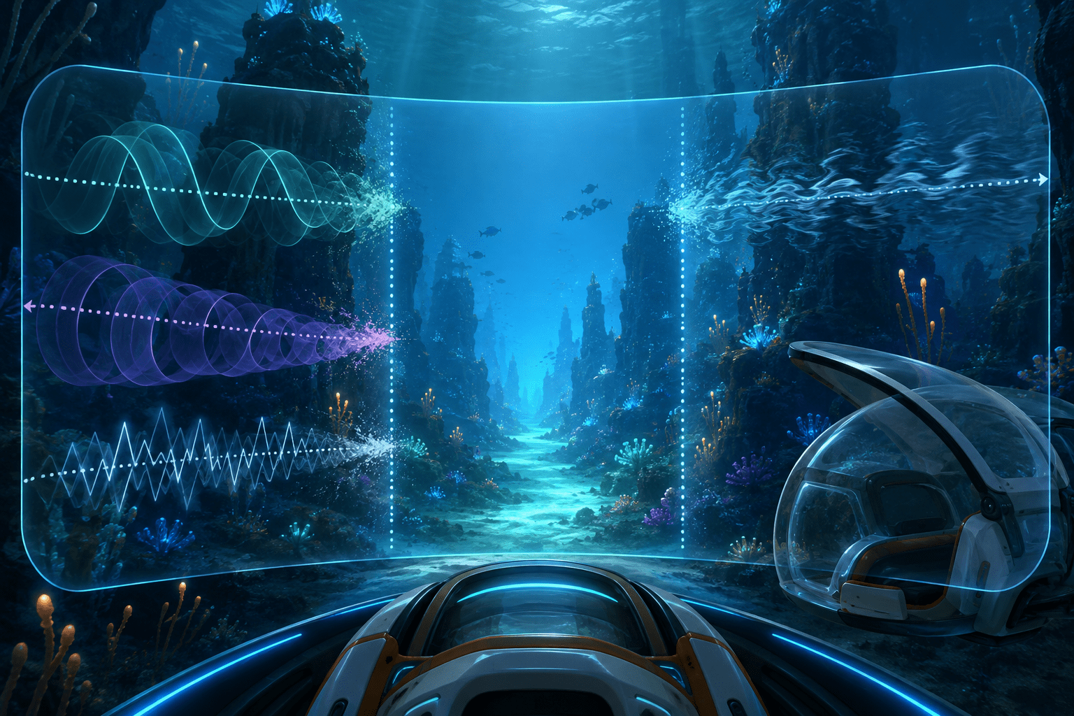 A stable illuminated corridor crosses an underwater canyon while separate wave
