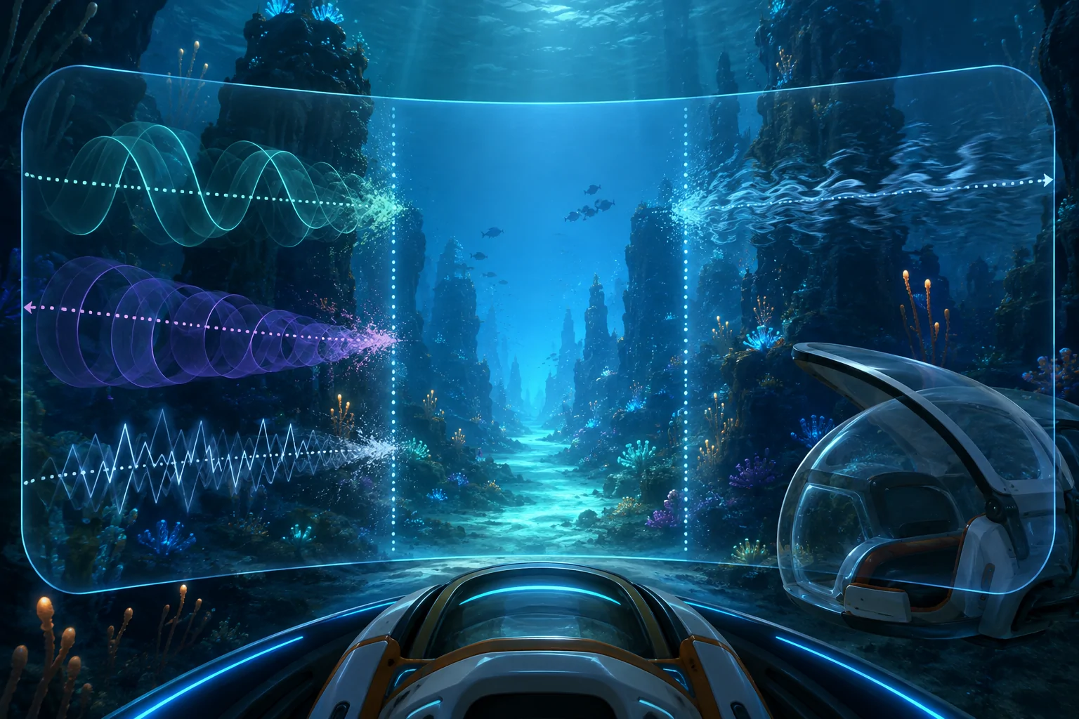 A stable illuminated corridor crosses an underwater canyon while separate wave